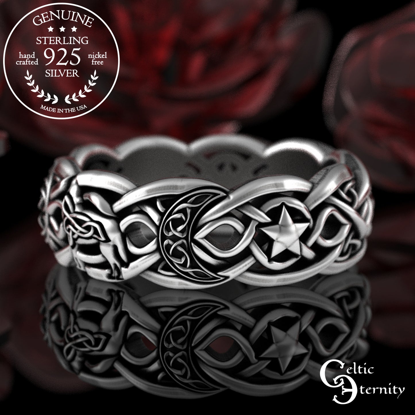 Sterling Celtic Wolf with Crescent Moons & Stars Wedding Band, 3276
