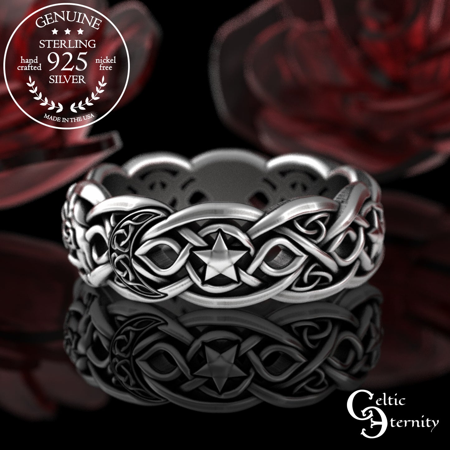 Sterling Celtic Wolf with Crescent Moons & Stars Wedding Band, 3276