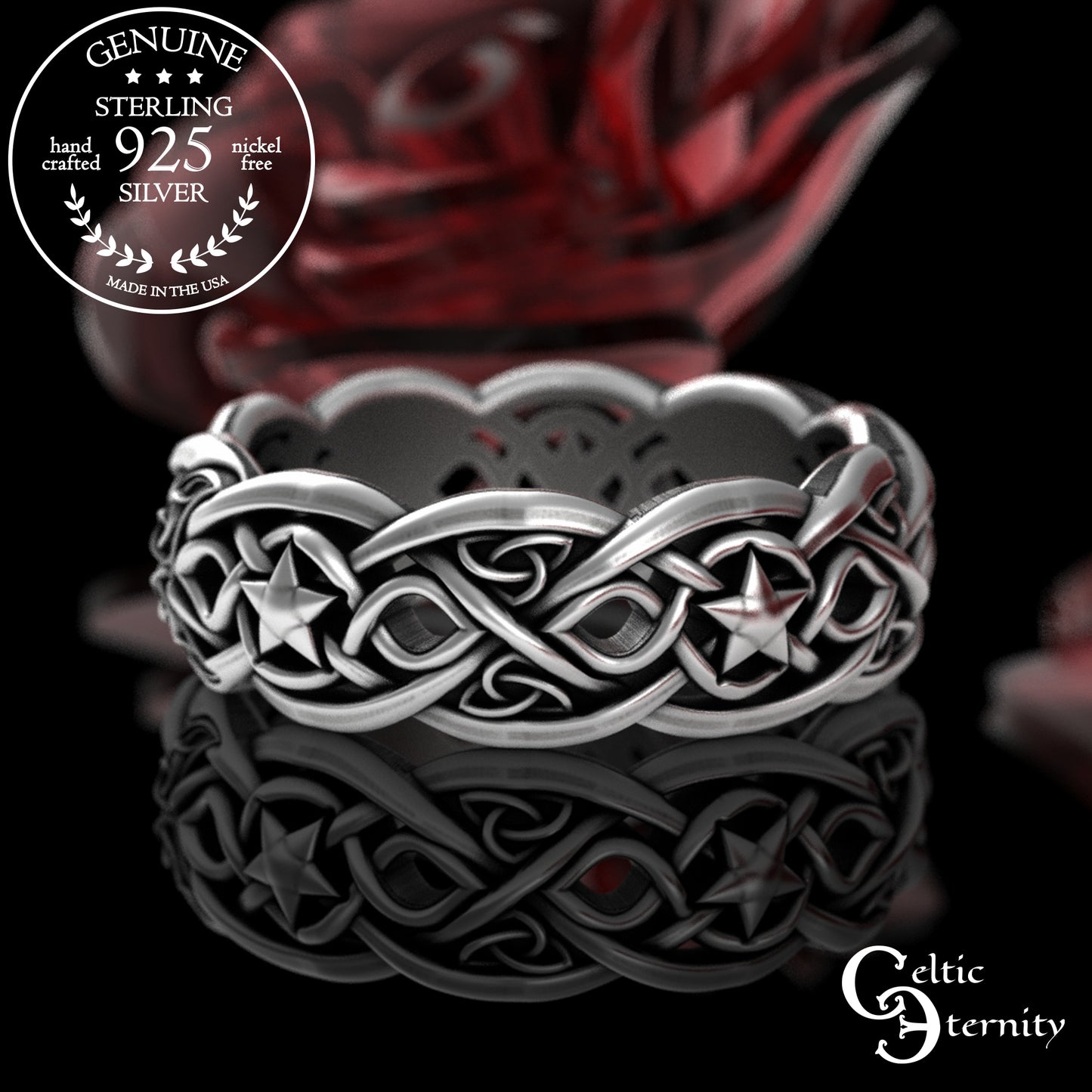 Sterling Celtic Wolf with Crescent Moons & Stars Wedding Band, 3276