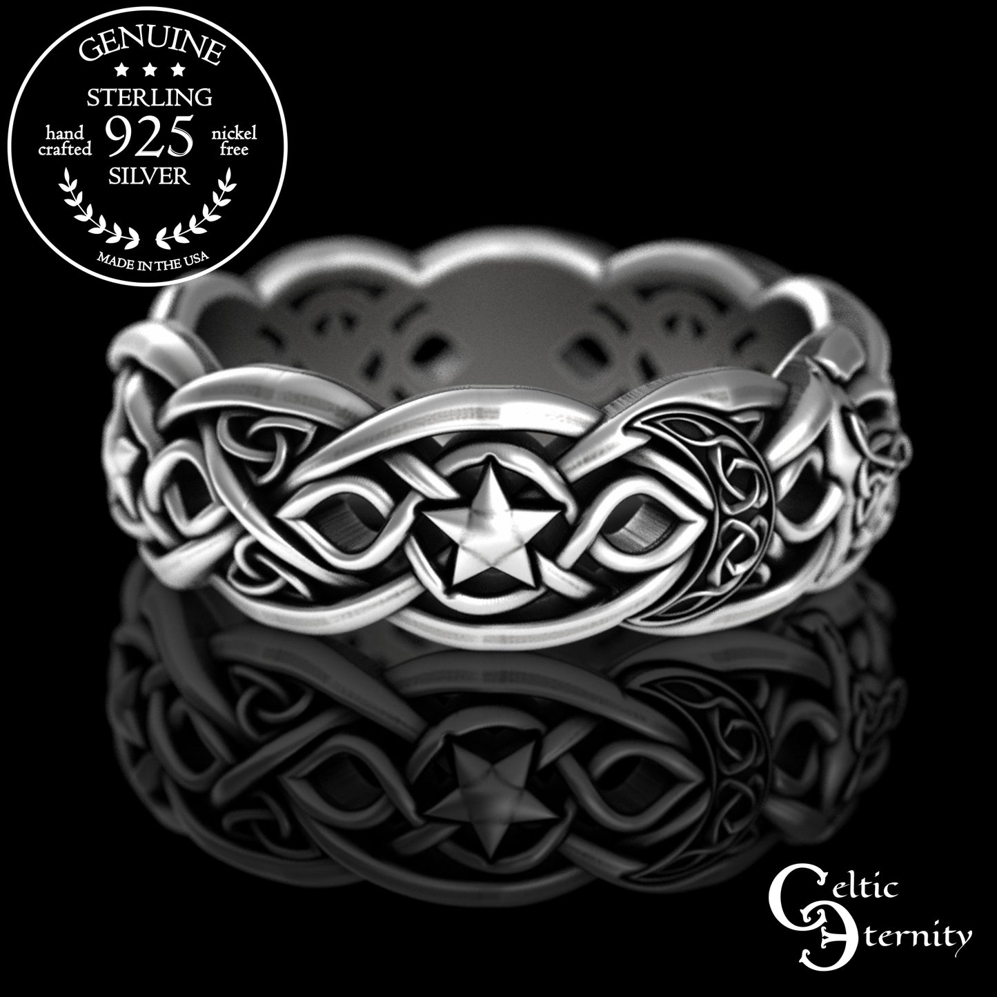 Sterling Celtic Wolf with Crescent Moons & Stars Wedding Band, 3276