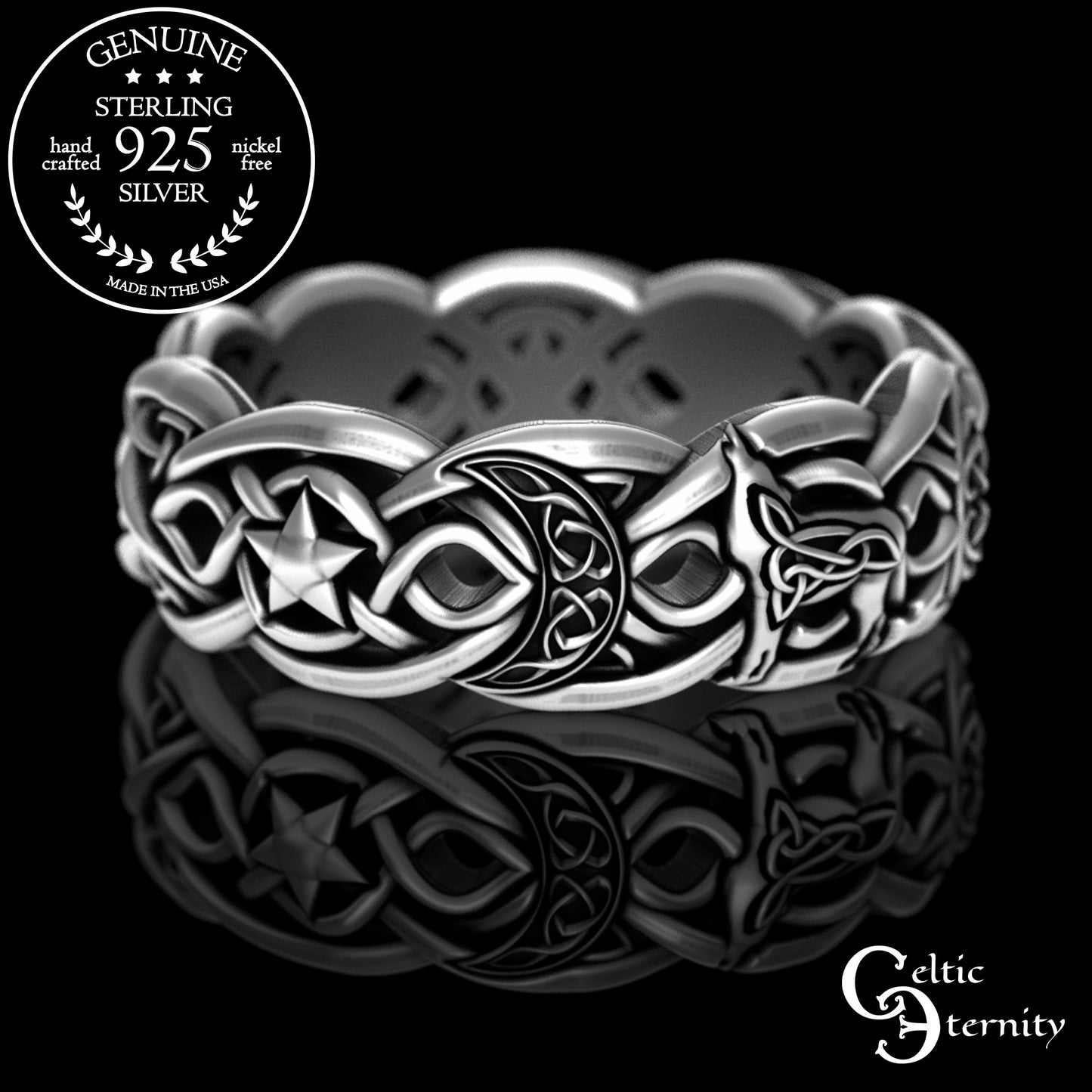 Sterling Celtic Wolf with Crescent Moons & Stars Wedding Band, 3276