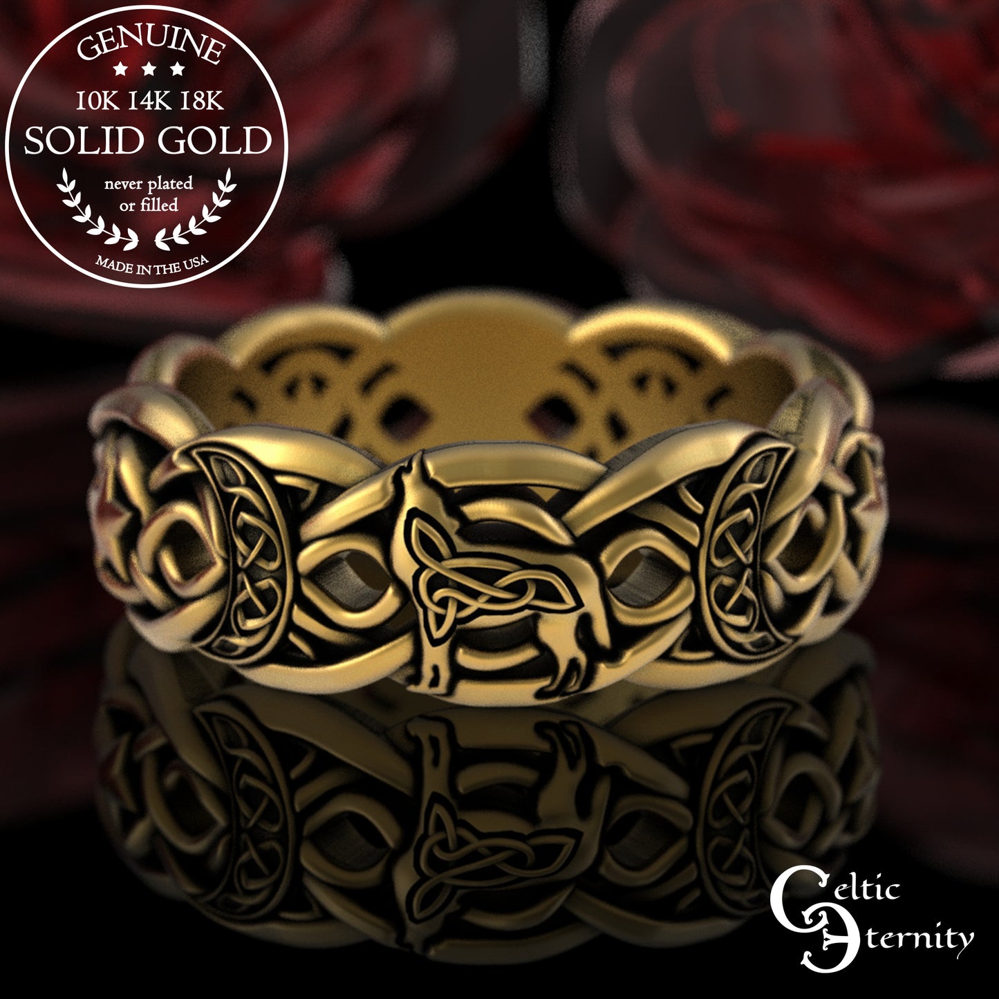 Sterling Celtic Wolf with Crescent Moons & Stars Wedding Band, 3276