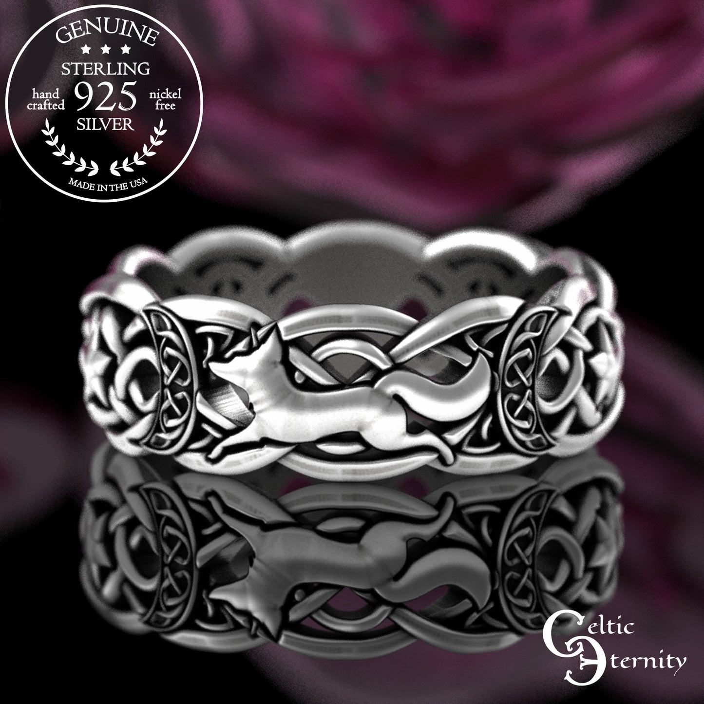 Woman's Sterling Magical Fox Wedding Band - Celtic Crescent Moons & Stars, 3277