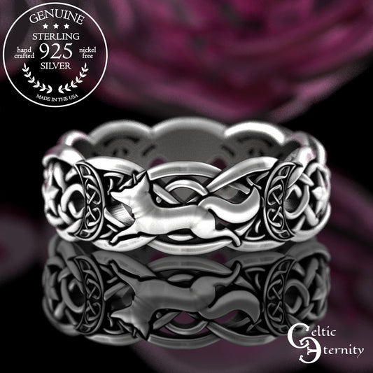 Woman's Sterling Magical Fox Wedding Band - Celtic Crescent Moons & Stars, 3277