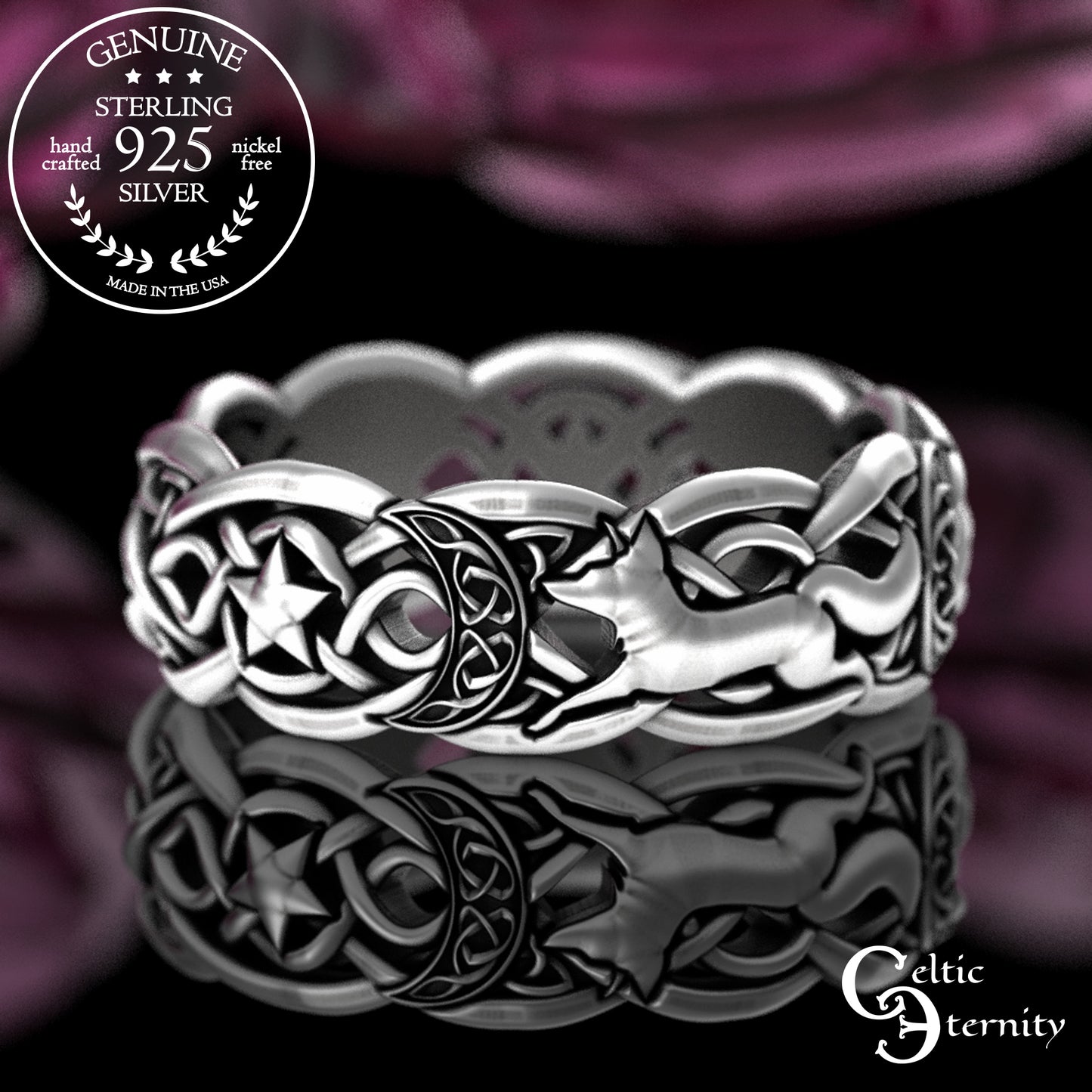 Woman's Sterling Magical Fox Wedding Band - Celtic Crescent Moons & Stars, 3277