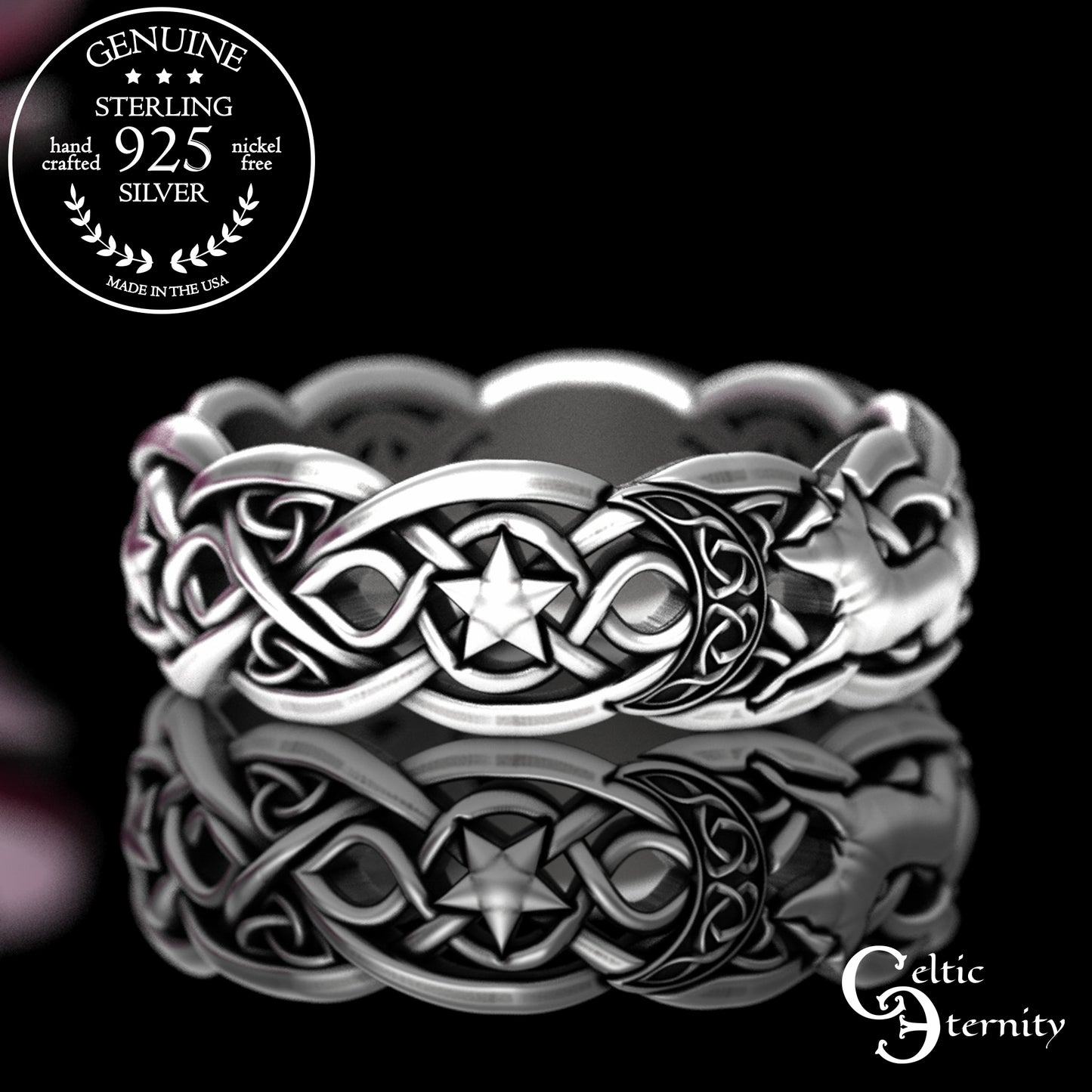 Woman's Sterling Magical Fox Wedding Band - Celtic Crescent Moons & Stars, 3277