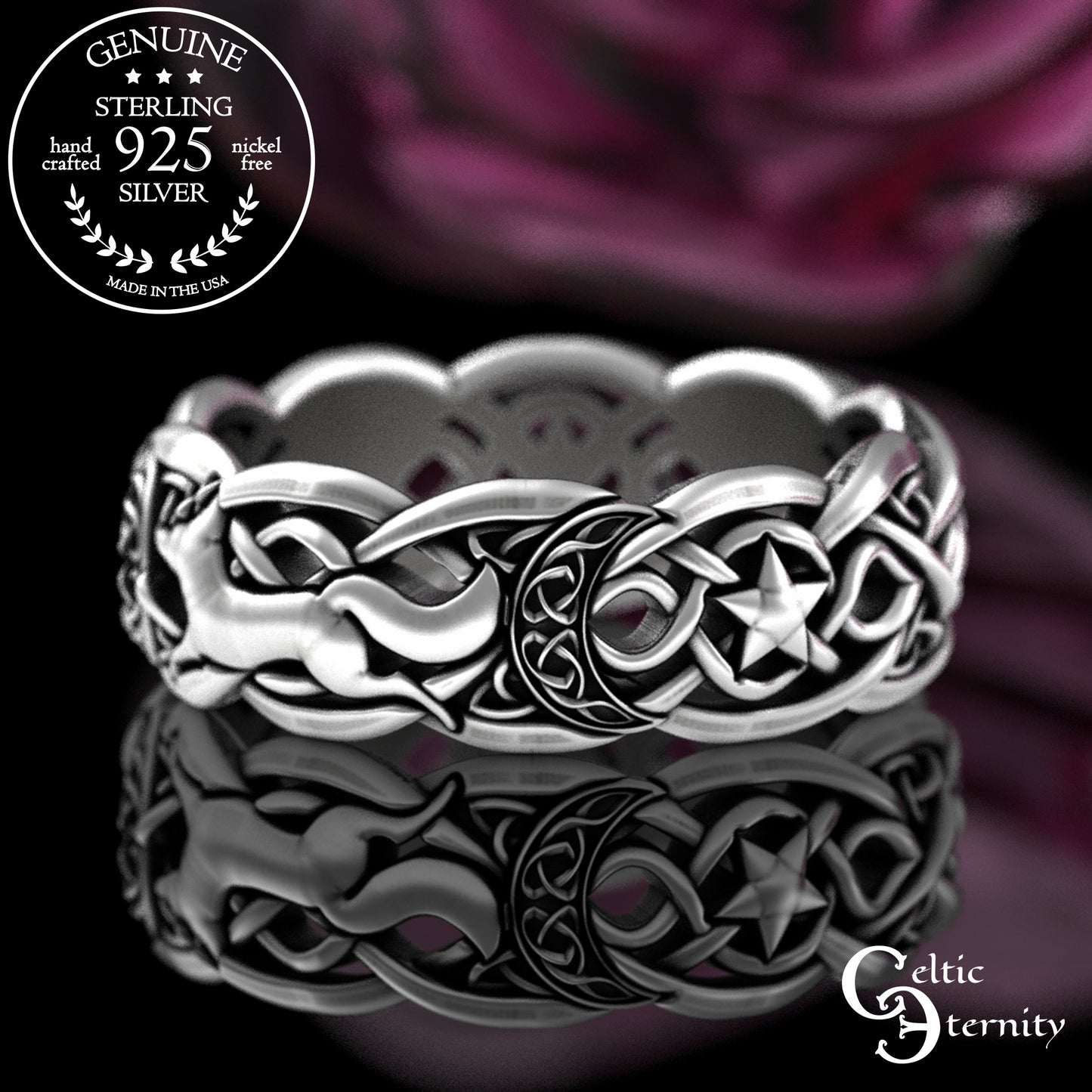 Woman's Sterling Magical Fox Wedding Band - Celtic Crescent Moons & Stars, 3277