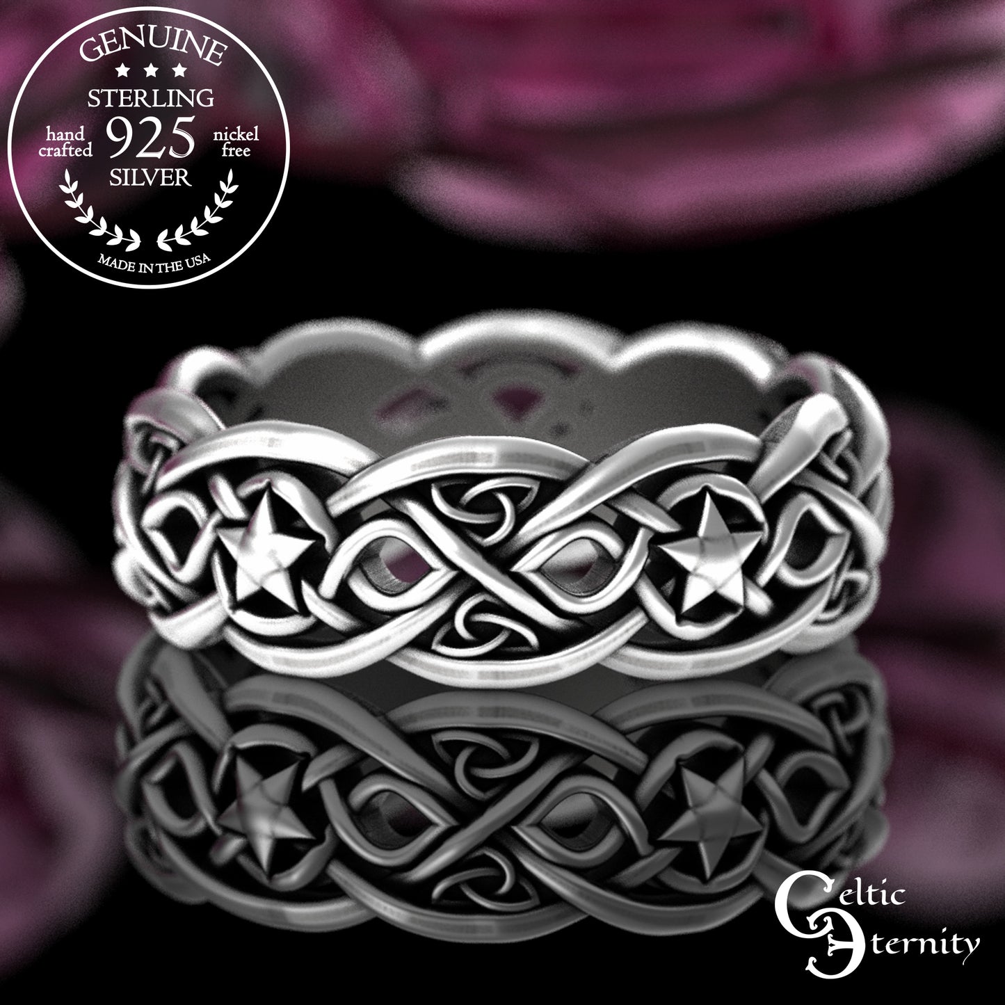 Woman's Sterling Magical Fox Wedding Band - Celtic Crescent Moons & Stars, 3277
