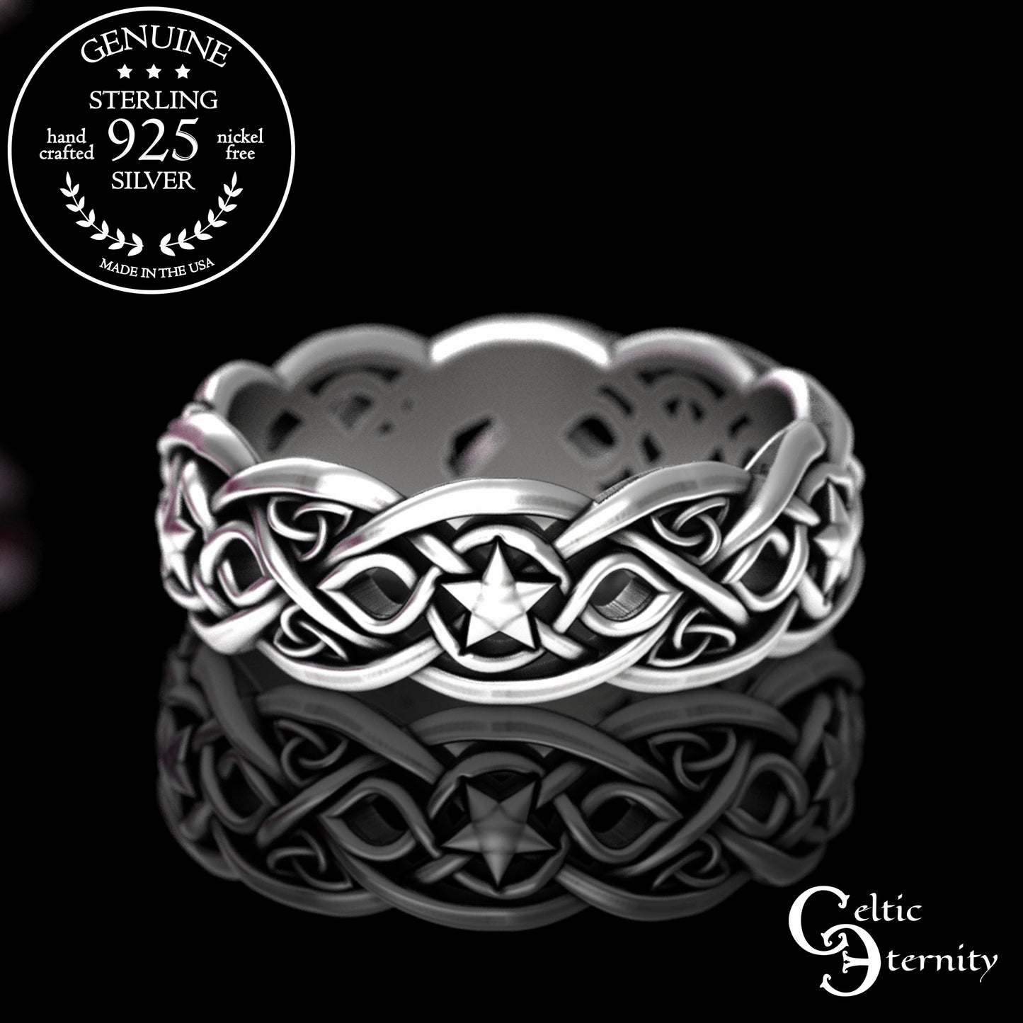 Woman's Sterling Magical Fox Wedding Band - Celtic Crescent Moons & Stars, 3277