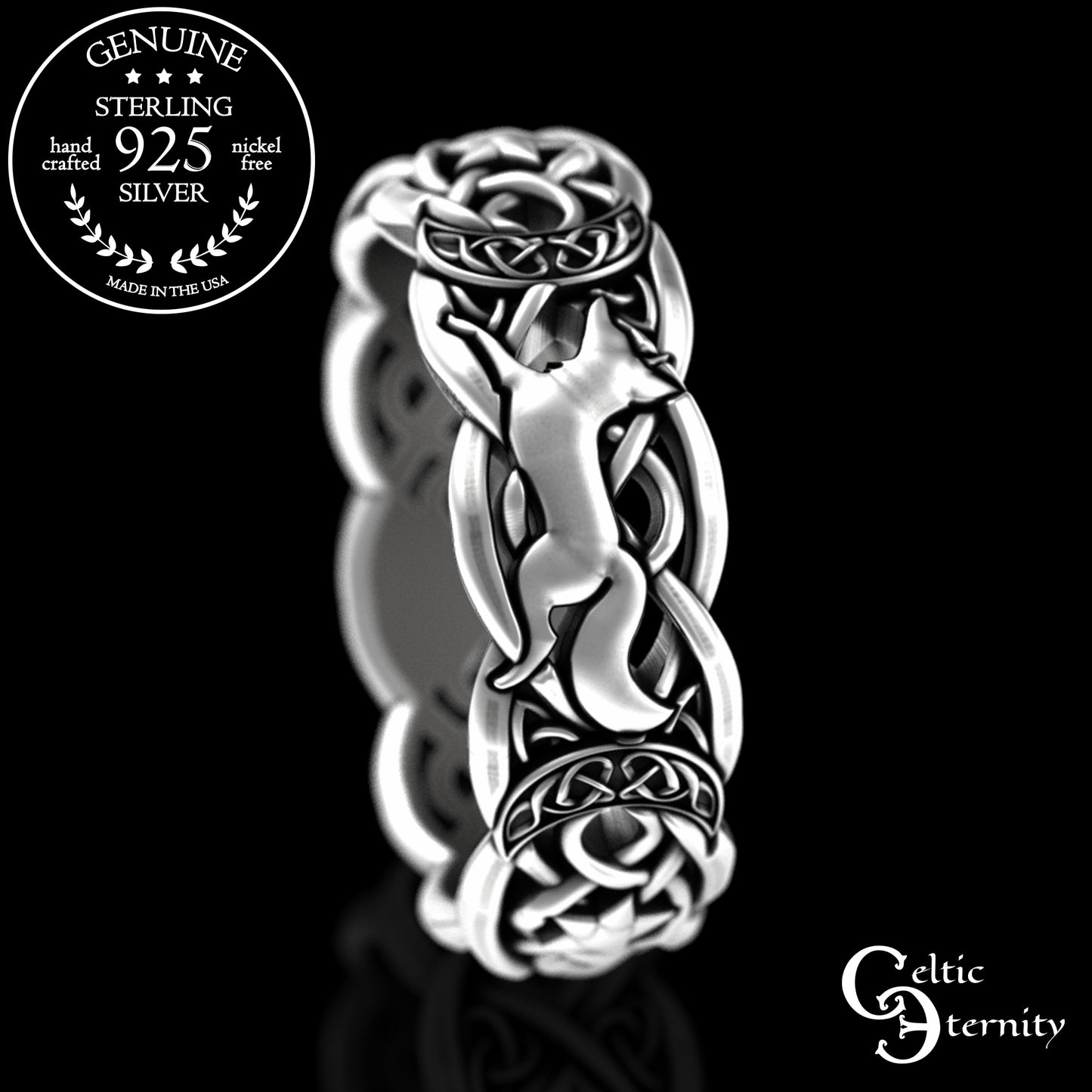 Woman's Sterling Magical Fox Wedding Band - Celtic Crescent Moons & Stars, 3277