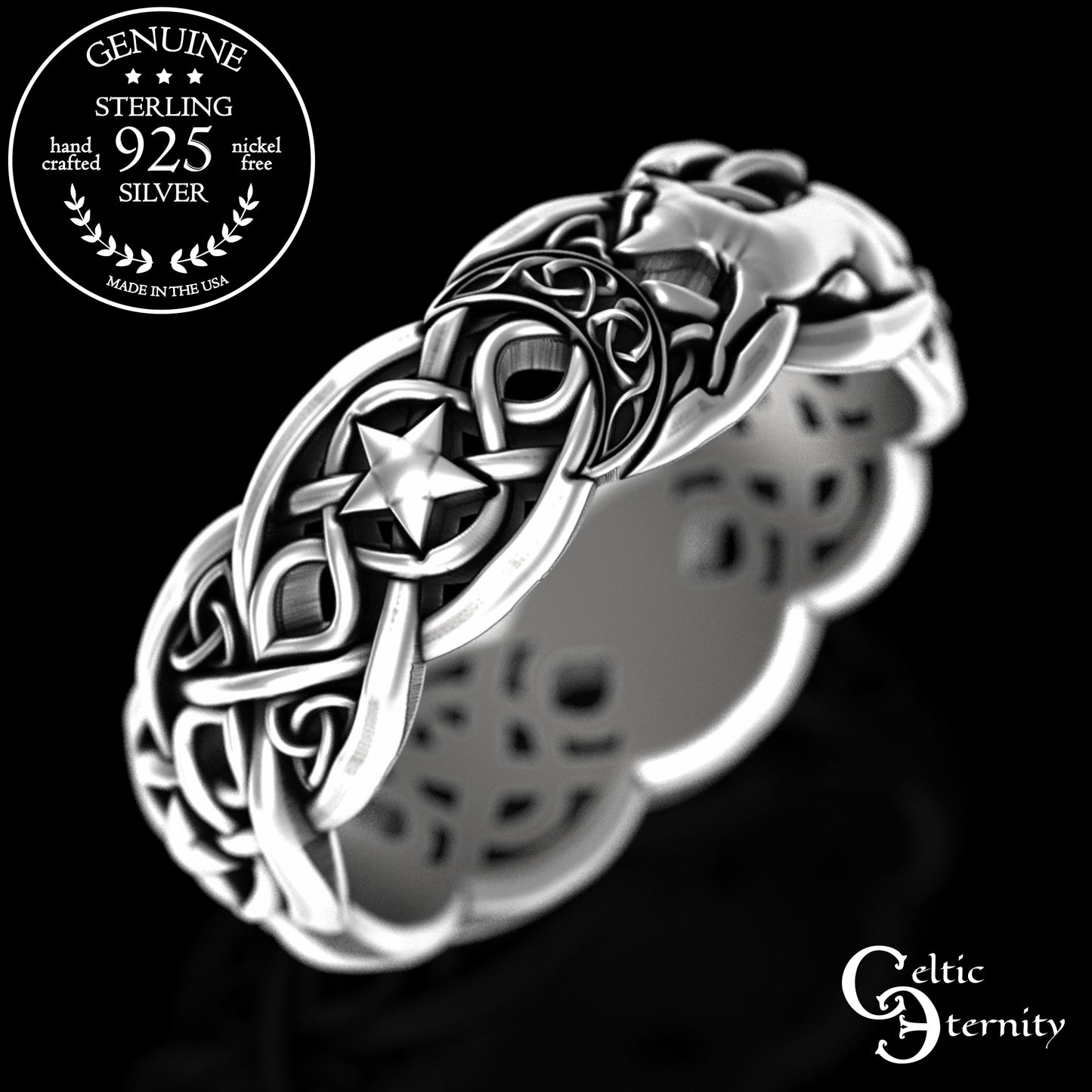 Woman's Sterling Magical Fox Wedding Band - Celtic Crescent Moons & Stars, 3277