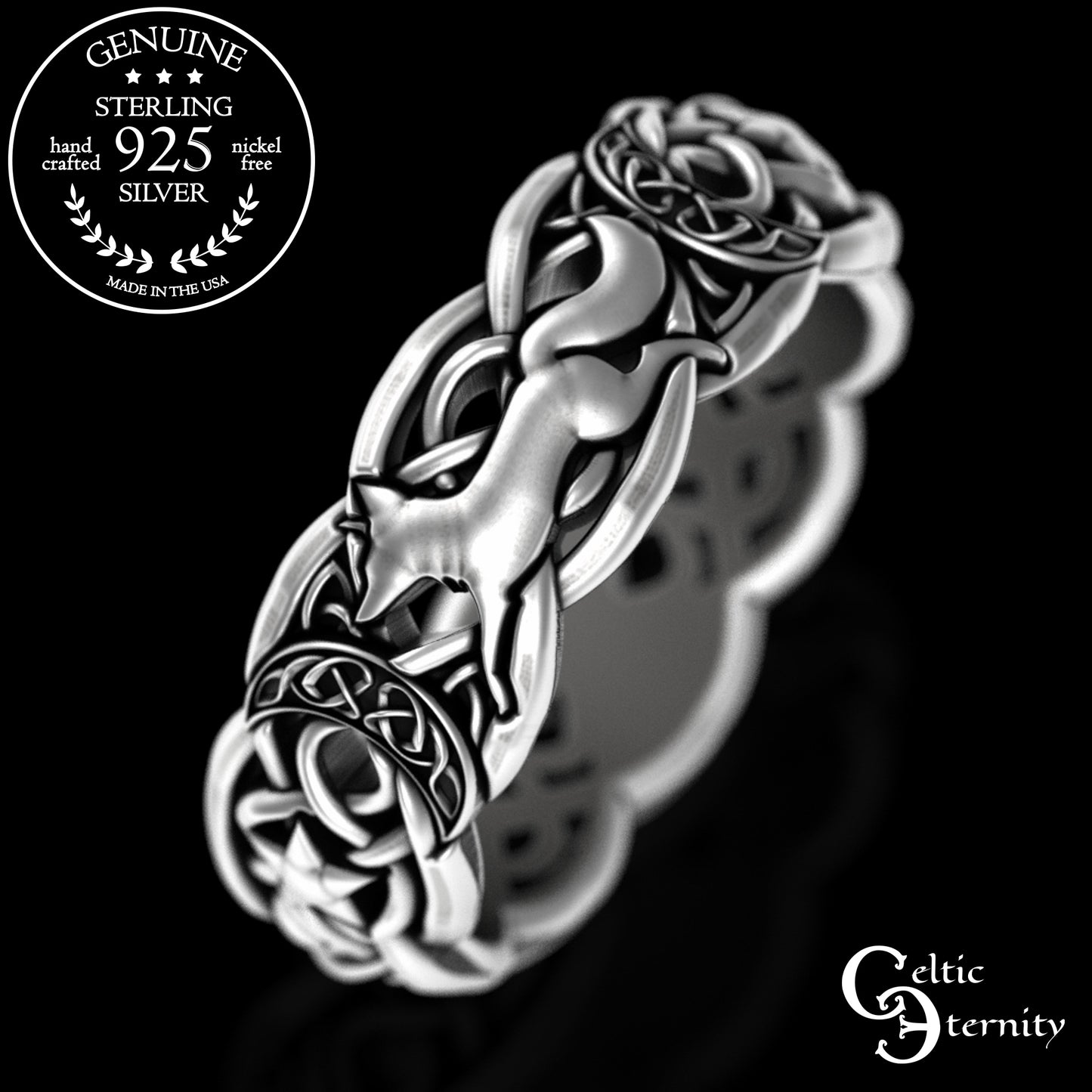 Woman's Sterling Magical Fox Wedding Band - Celtic Crescent Moons & Stars, 3277