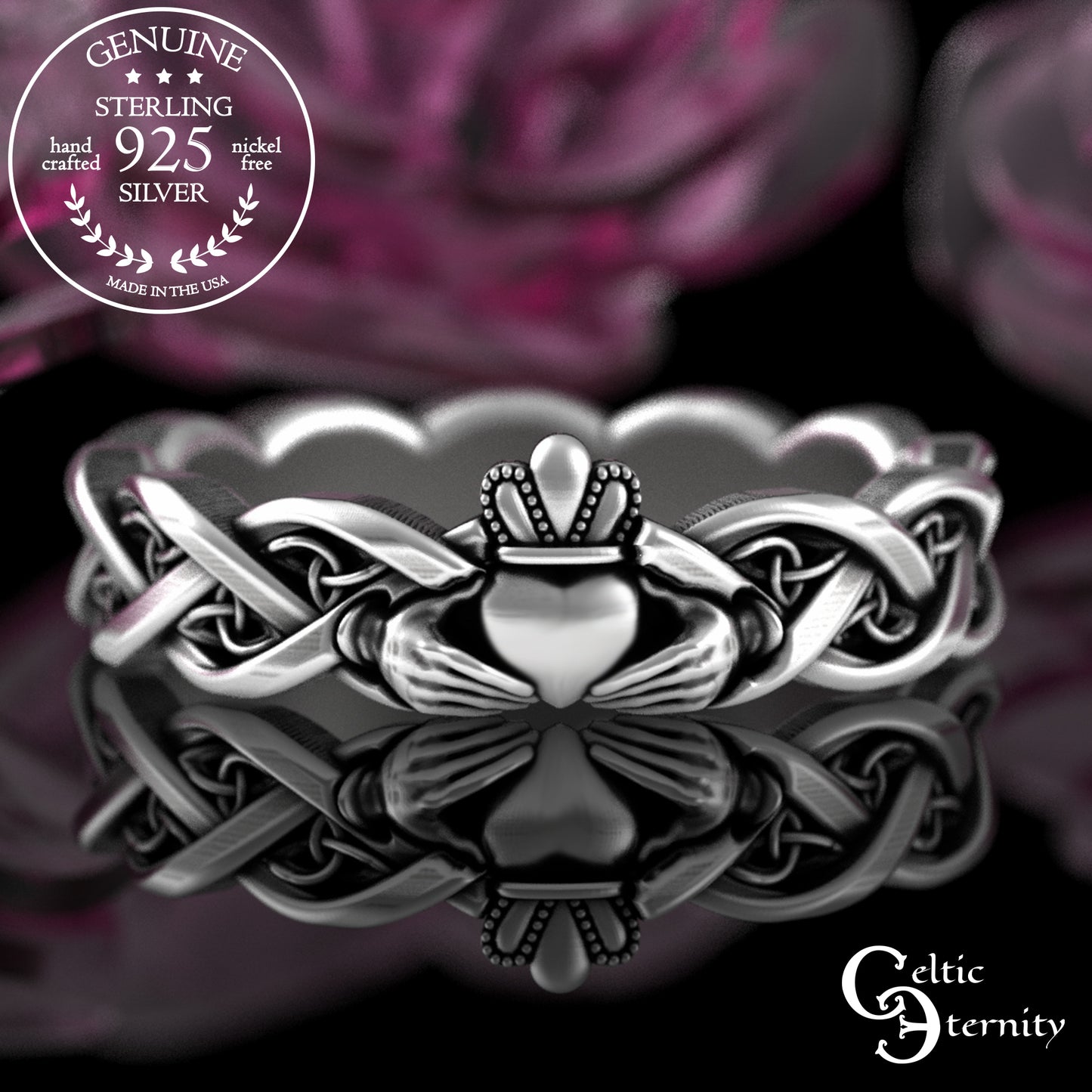 Sterling Woman's Dainty Claddagh Wedding Band - Celtic Heart Hands Crown, 3280