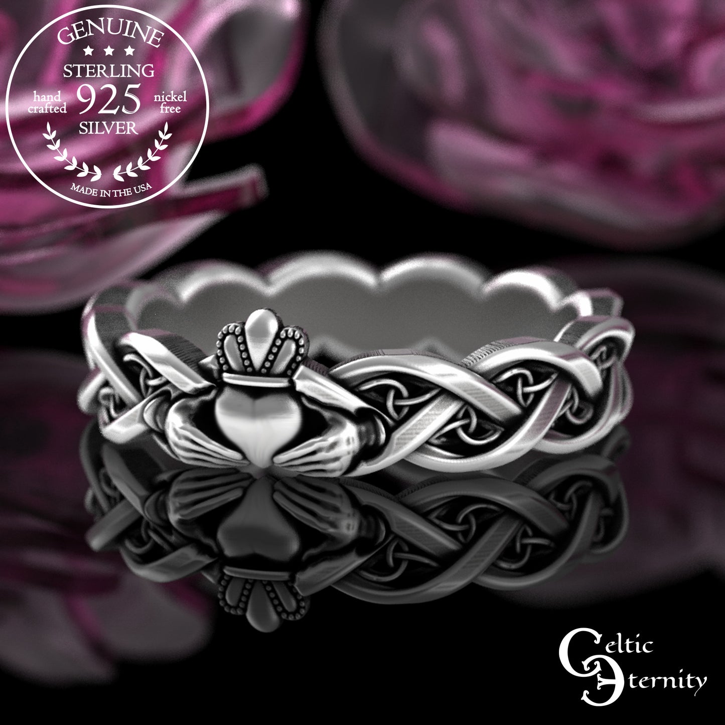 Sterling Woman's Dainty Claddagh Wedding Band - Celtic Heart Hands Crown, 3280