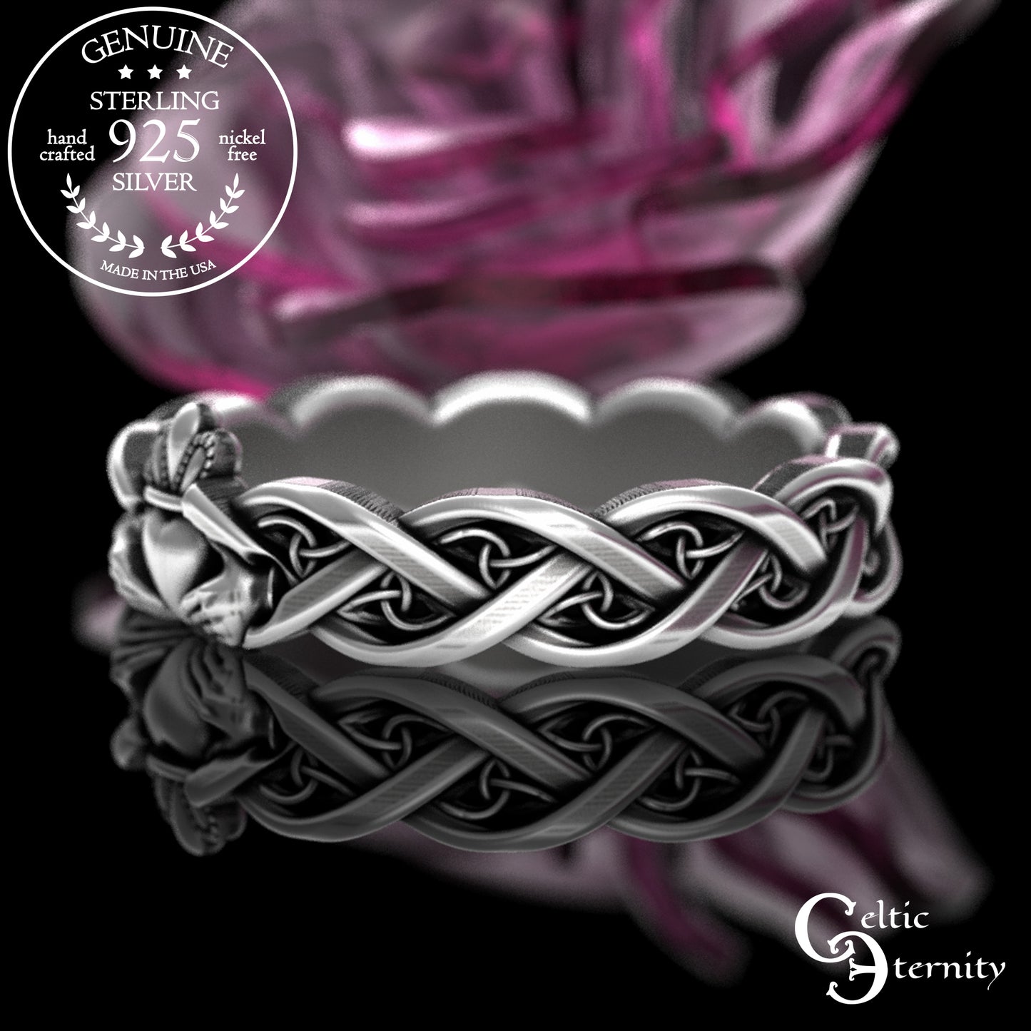 Sterling Woman's Dainty Claddagh Wedding Band - Celtic Heart Hands Crown, 3280