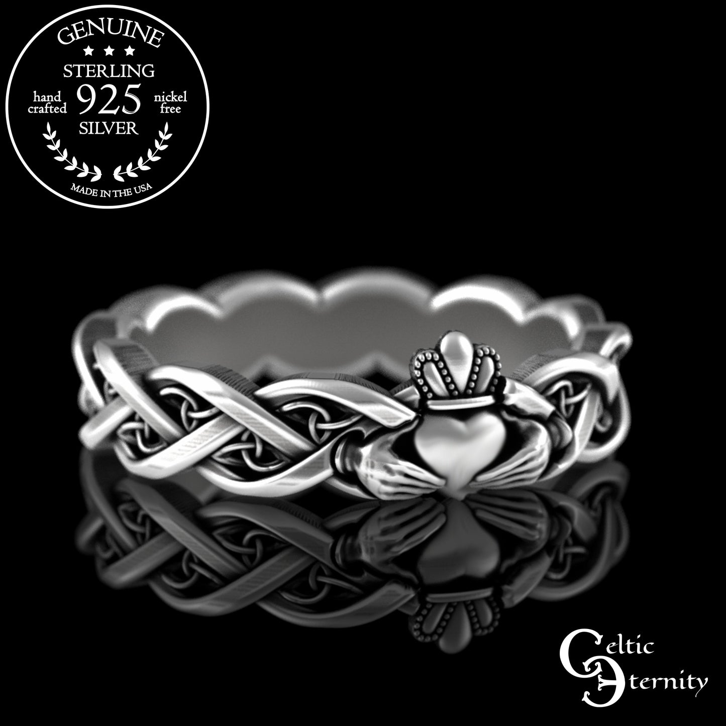 Sterling Woman's Dainty Claddagh Wedding Band - Celtic Heart Hands Crown, 3280