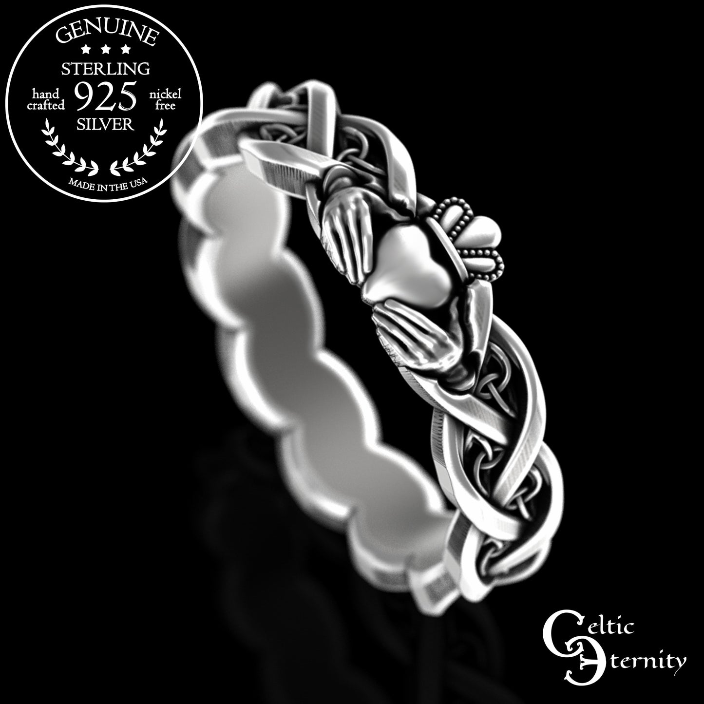 Sterling Woman's Dainty Claddagh Wedding Band - Celtic Heart Hands Crown, 3280