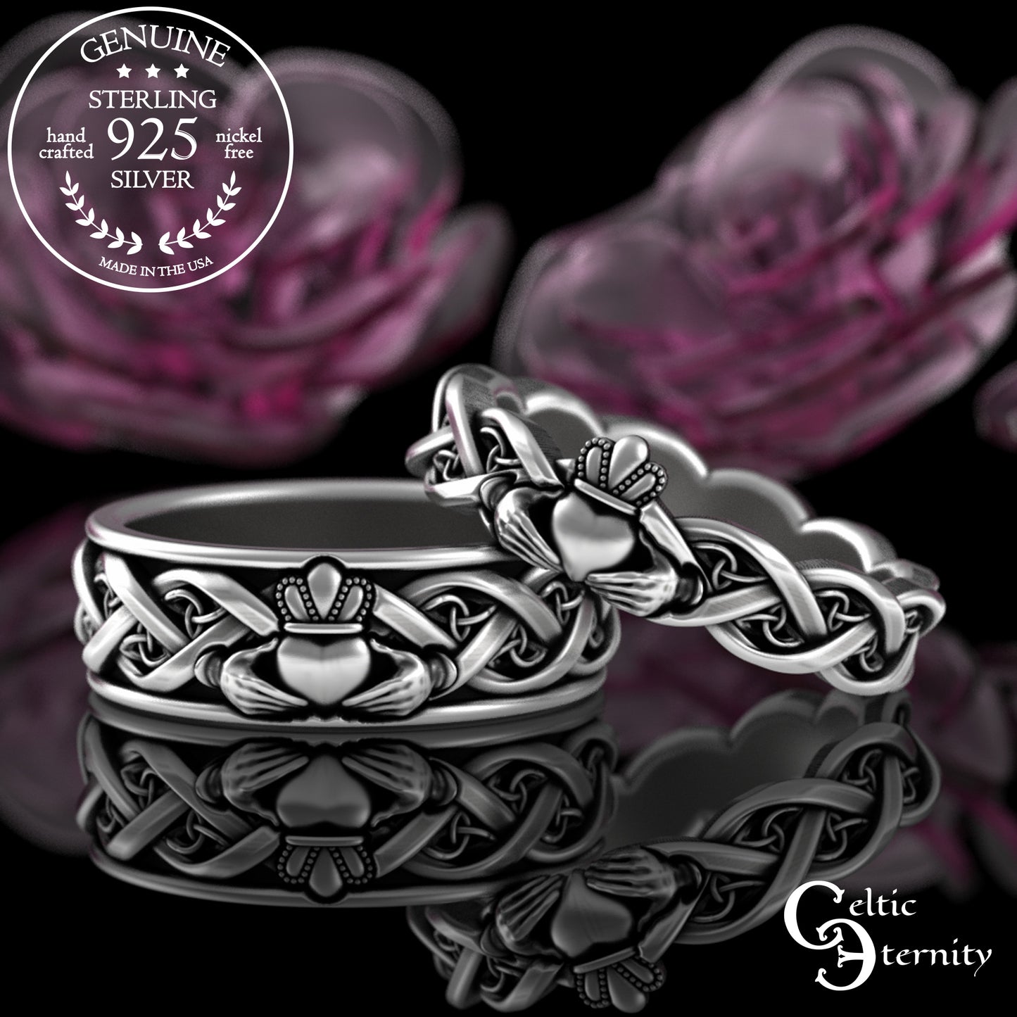 Sterling Silver Celtic Claddagh Matching Wedding Band Set, 3280 3222