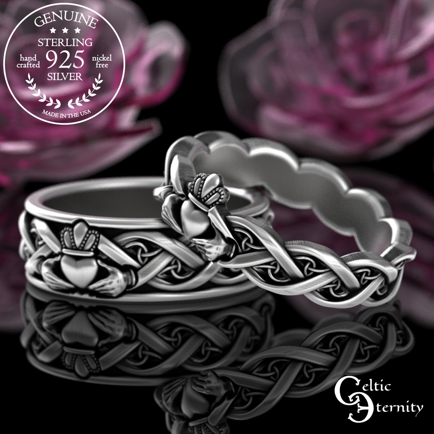Sterling Silver Celtic Claddagh Matching Wedding Band Set, 3280 3222