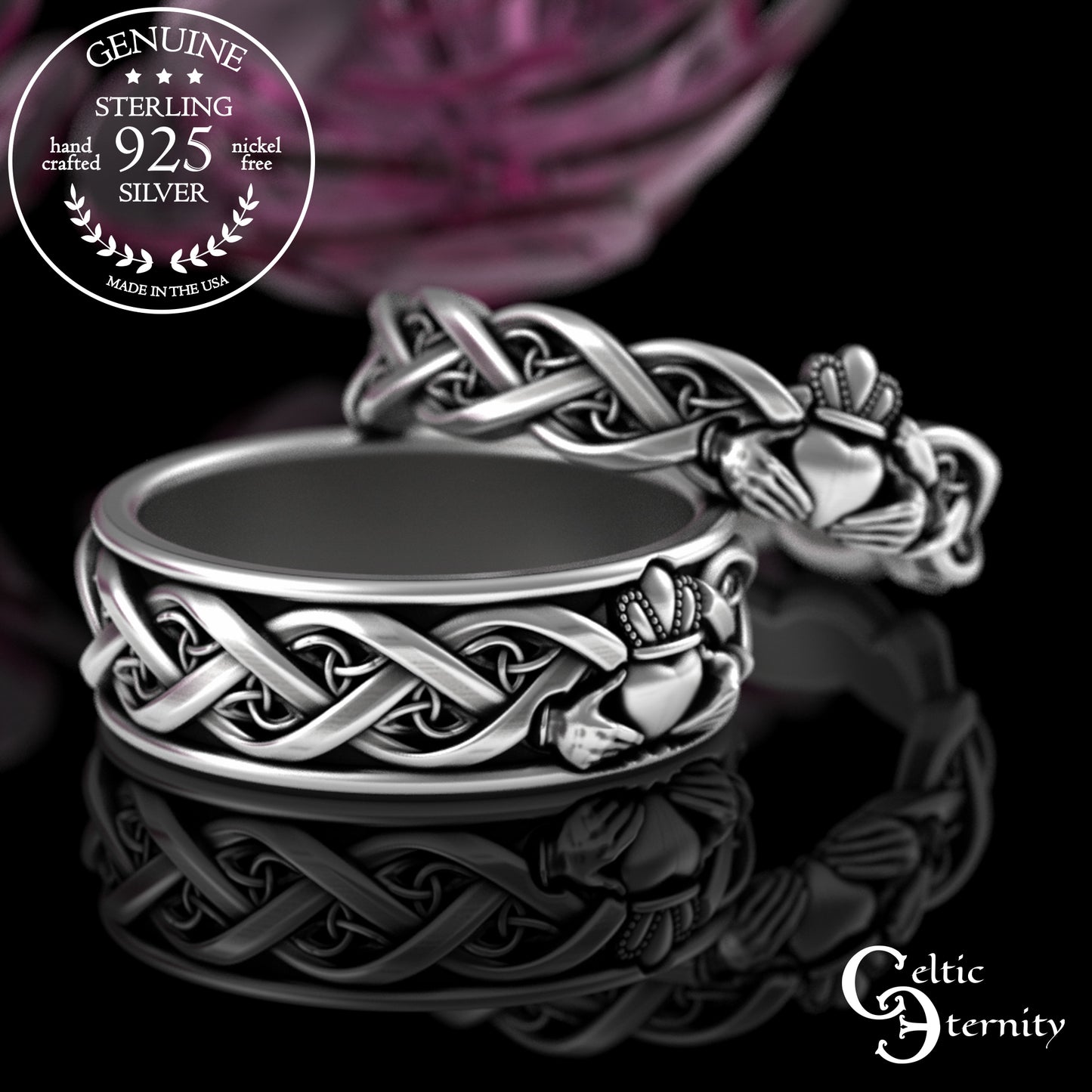 Sterling Silver Celtic Claddagh Matching Wedding Band Set, 3280 3222