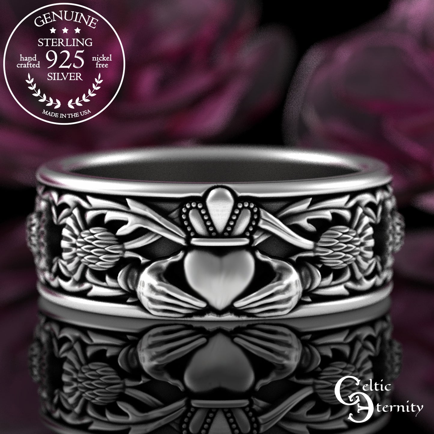 Matching Sterling Celtic Claddagh Wedding Band Set with Thistle Knotwork, 3243 3281