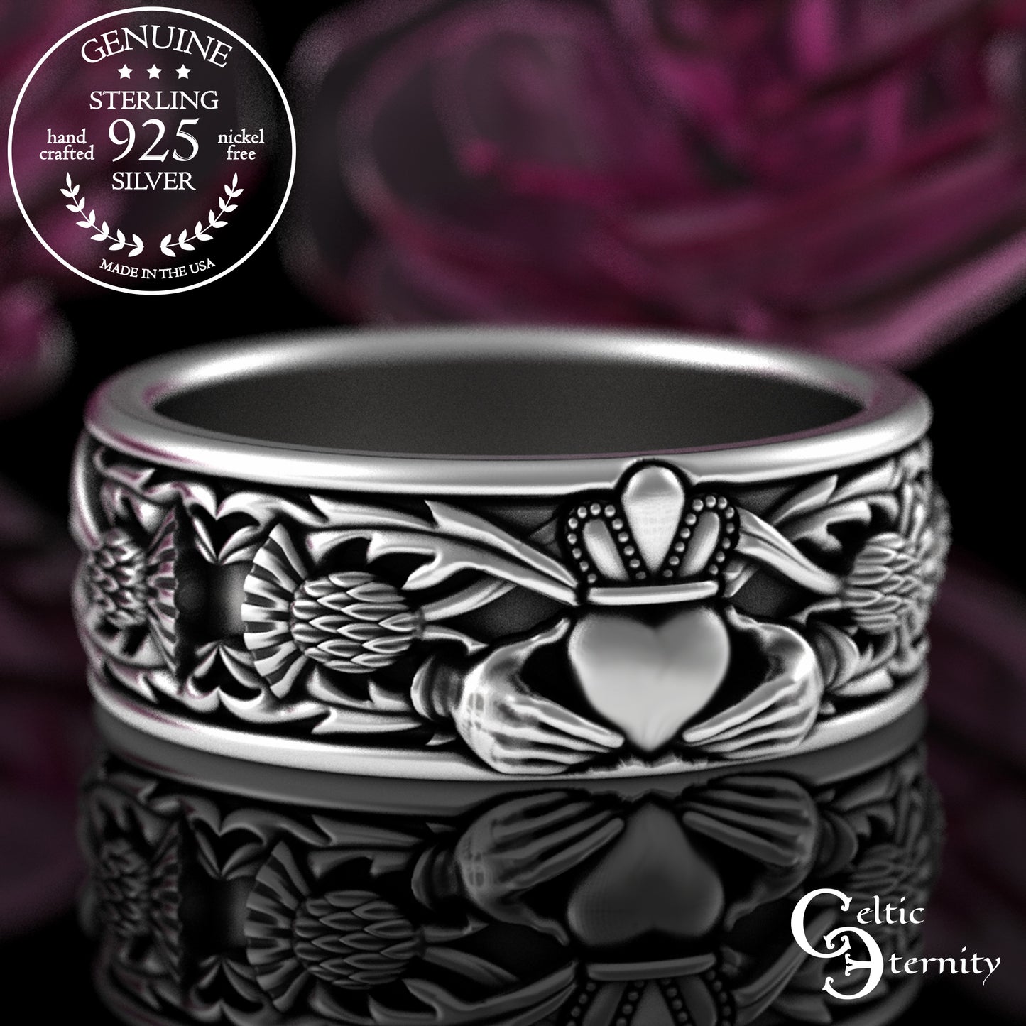 Sterling Silver Men's Heart Claddagh & Thistle Wedding Band, 3281