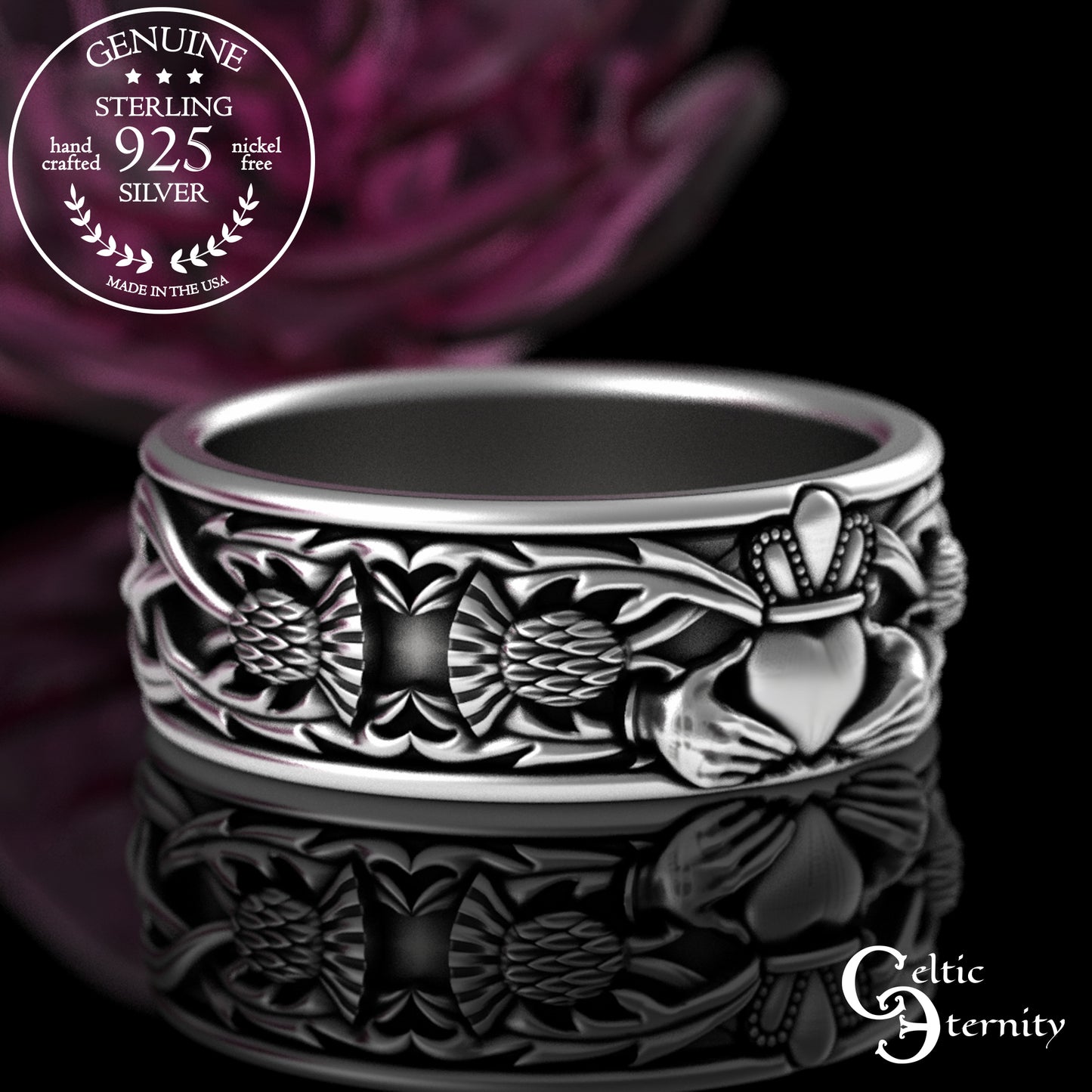Sterling Silver Men's Heart Claddagh & Thistle Wedding Band, 3281