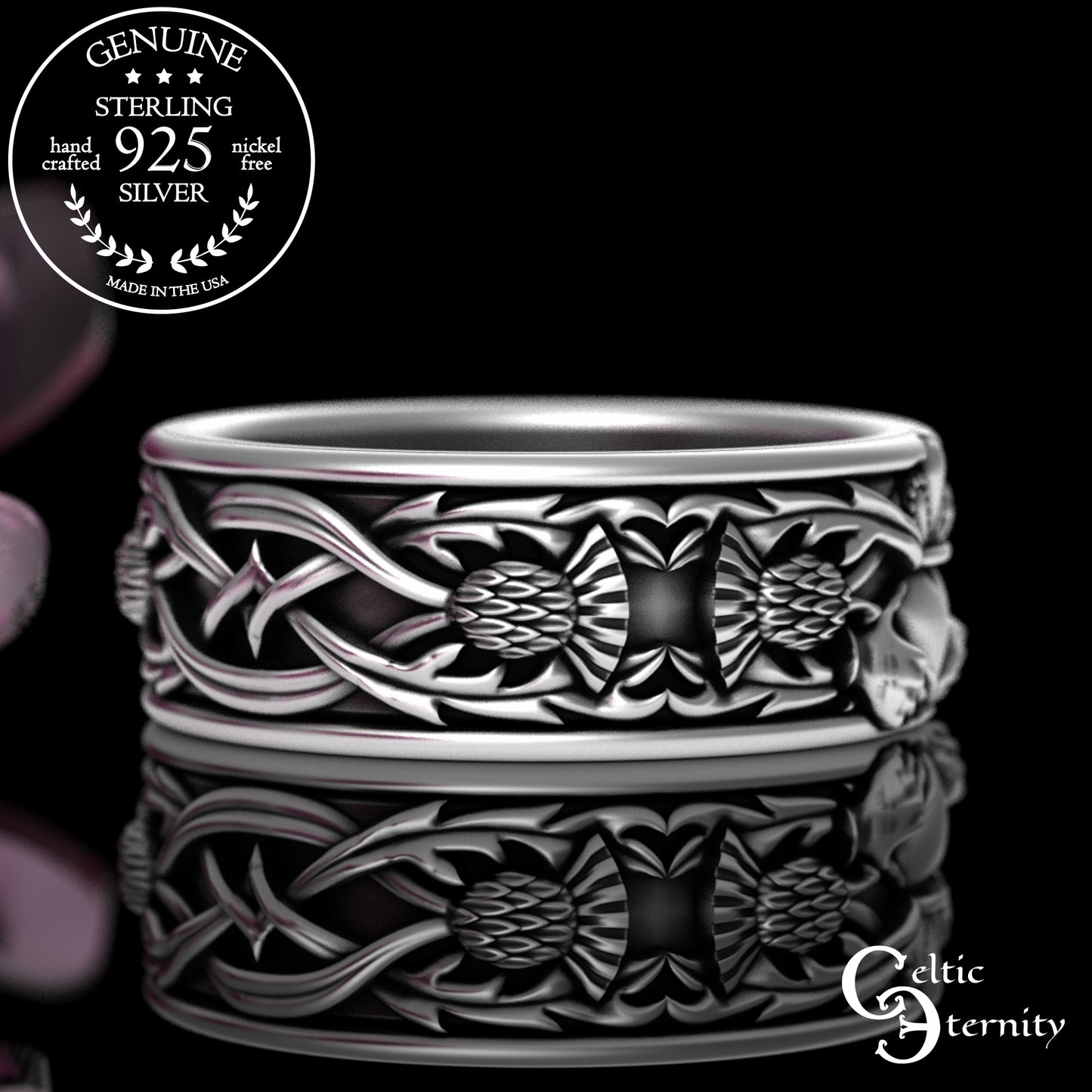 Sterling Silver Men's Heart Claddagh & Thistle Wedding Band, 3281