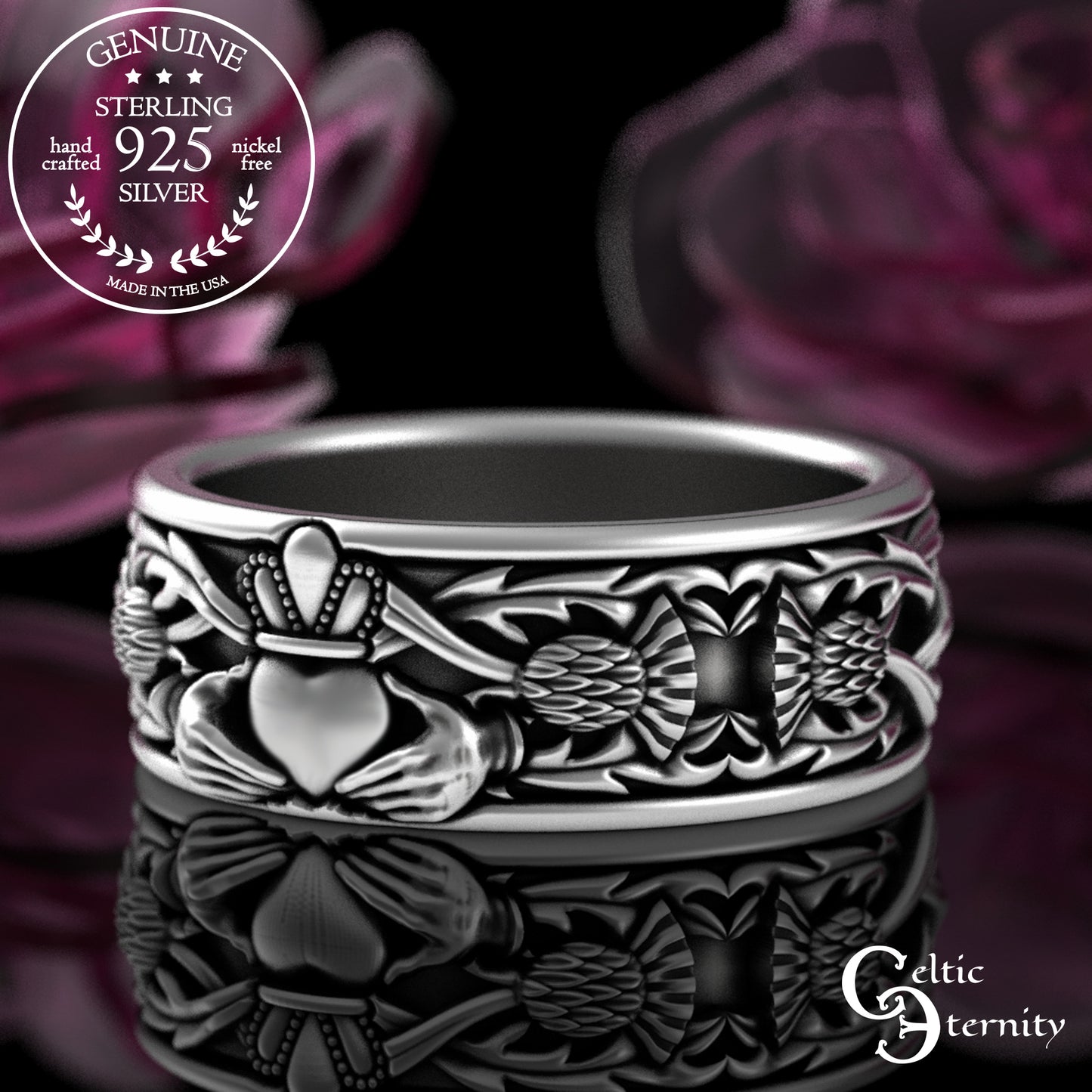Sterling Silver Men's Heart Claddagh & Thistle Wedding Band, 3281
