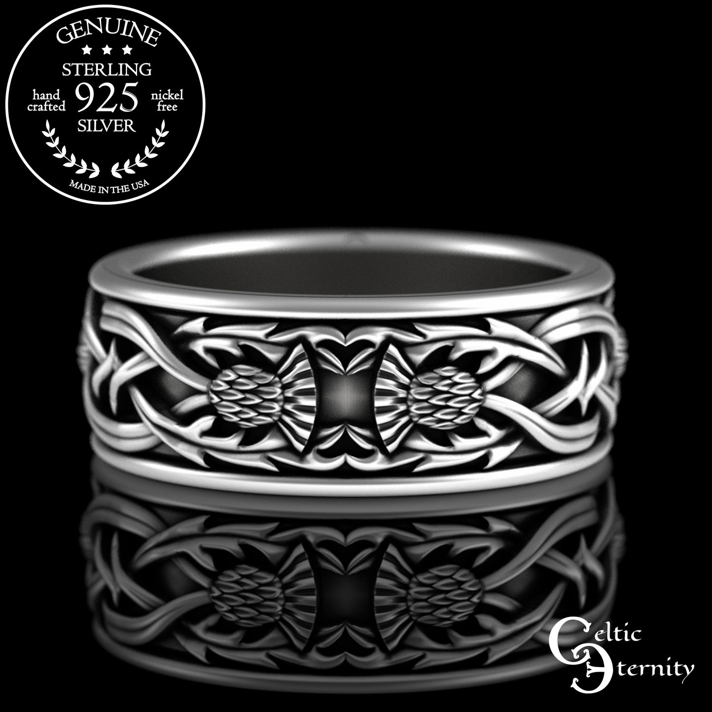 Sterling Silver Men's Heart Claddagh & Thistle Wedding Band, 3281