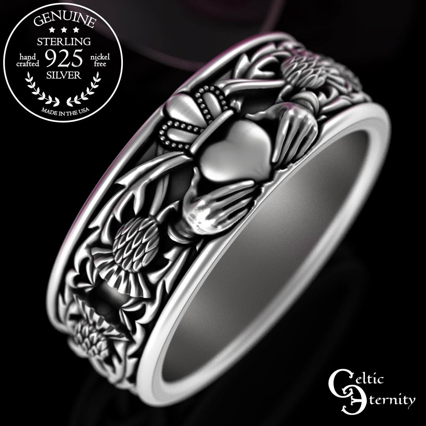 Sterling Silver Men's Heart Claddagh & Thistle Wedding Band, 3281