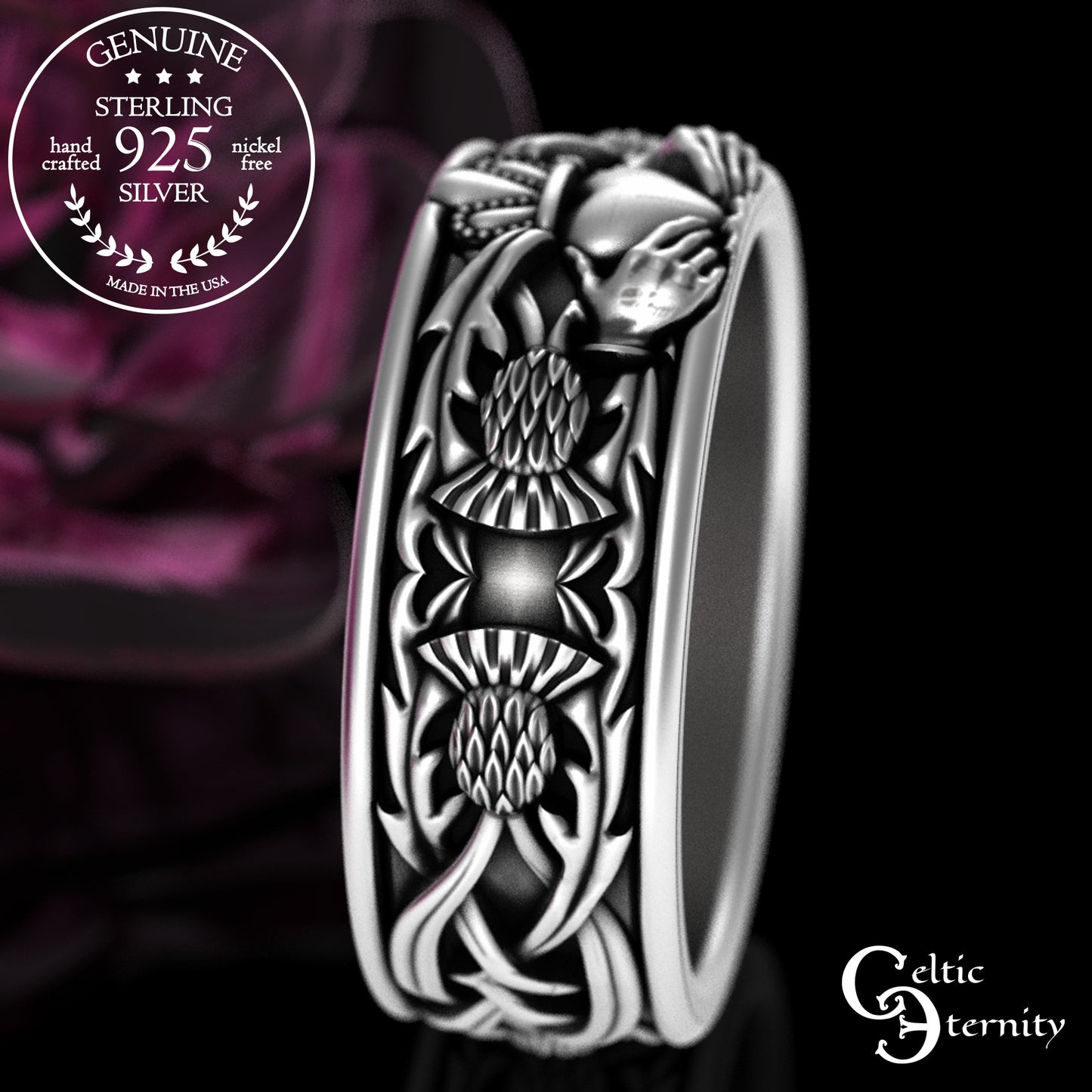 Sterling Silver Men's Heart Claddagh & Thistle Wedding Band, 3281