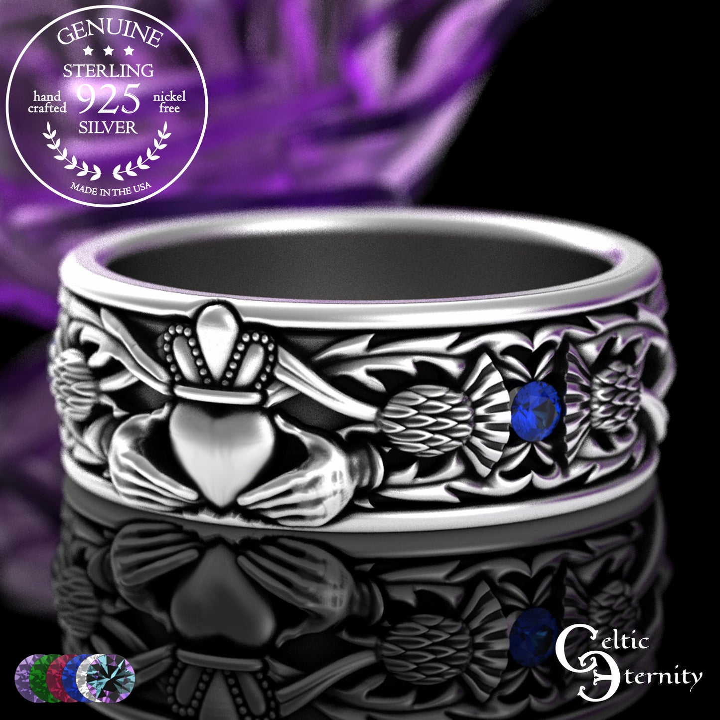 Sterling Men's Scottish Thistle & Claddagh Wedding Band with Emeralds, 3282