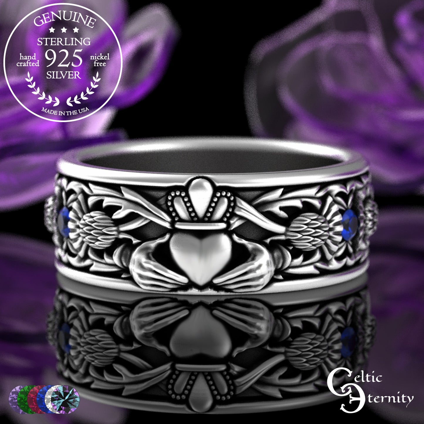 Sterling Men's Scottish Thistle & Claddagh Wedding Band with Emeralds, 3282