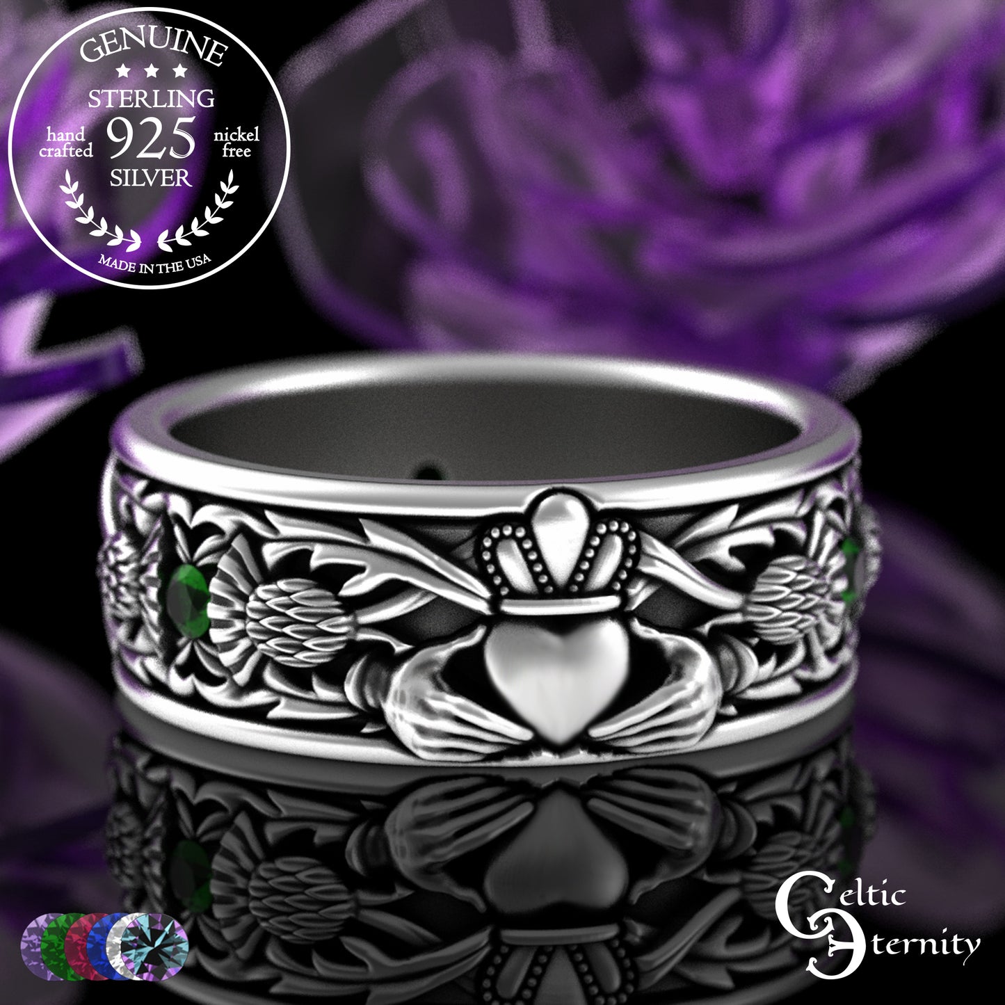Sterling Men's Scottish Thistle & Claddagh Wedding Band with Emeralds, 3282