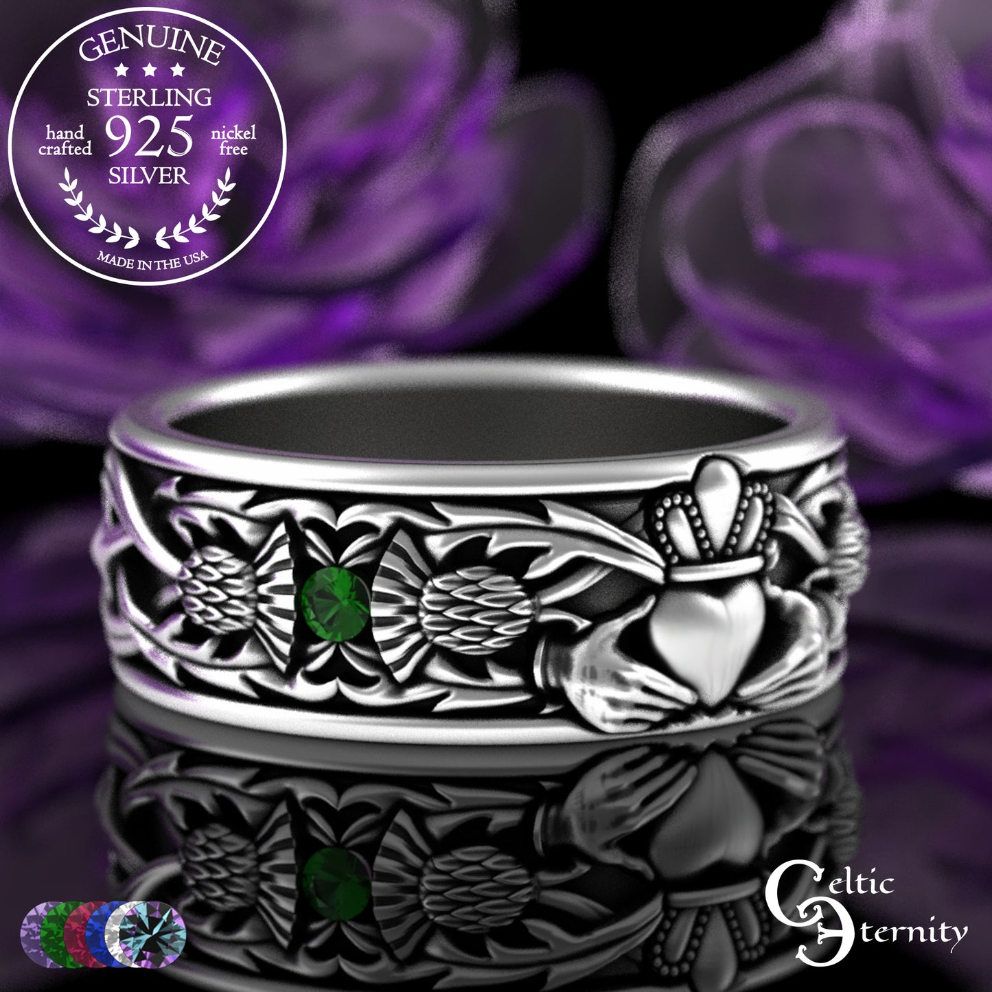 Sterling Men's Scottish Thistle & Claddagh Wedding Band with Emeralds, 3282