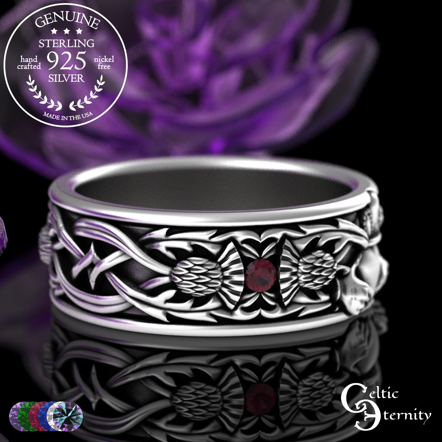 Sterling Men's Scottish Thistle & Claddagh Wedding Band with Emeralds, 3282