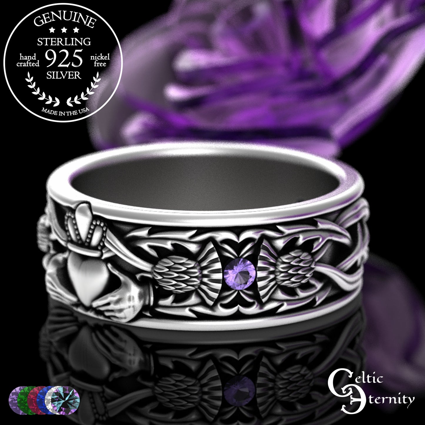 Sterling Men's Scottish Thistle & Claddagh Wedding Band with Emeralds, 3282