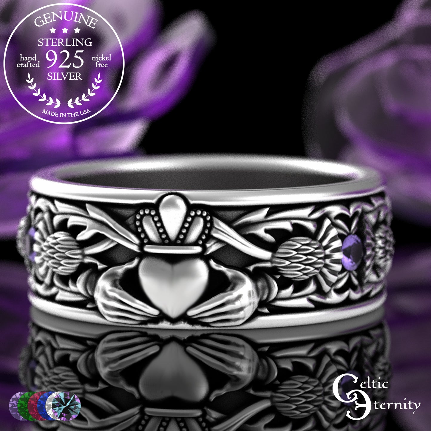 Sterling Men's Scottish Thistle & Claddagh Wedding Band with Emeralds, 3282