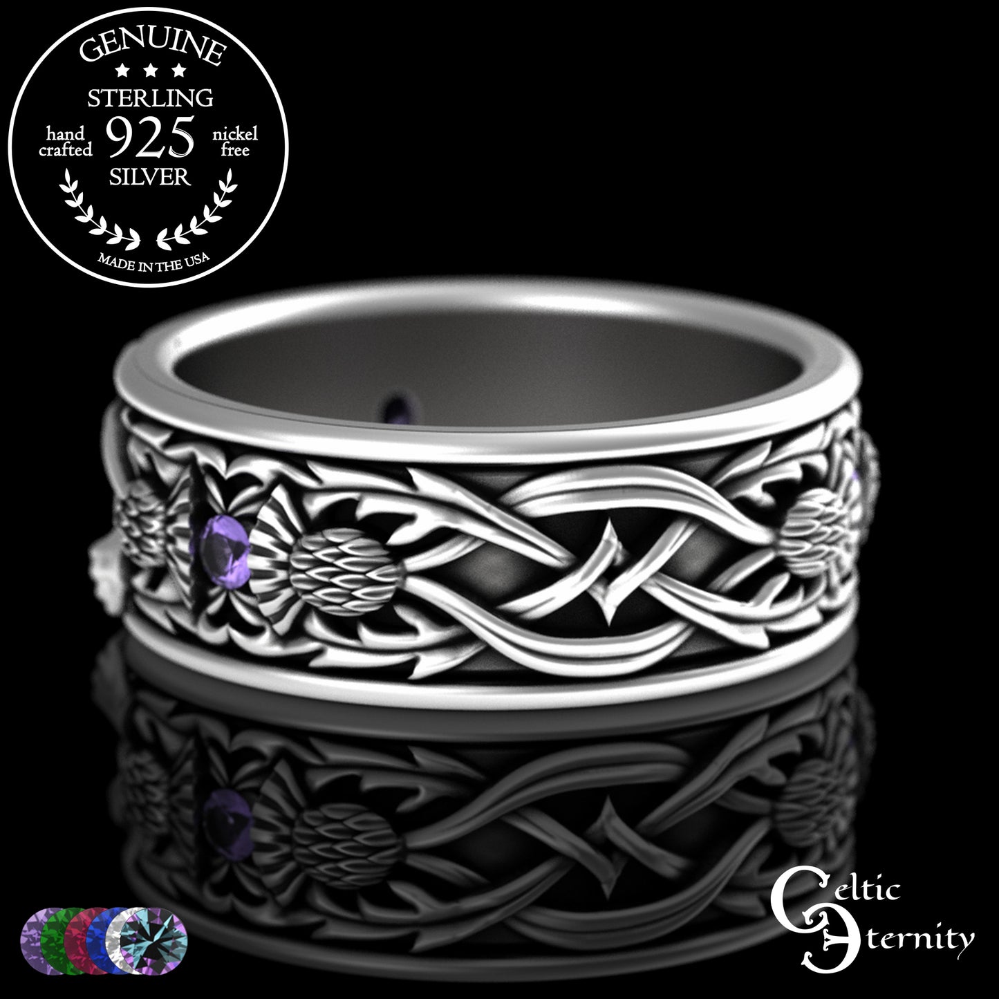 Sterling Men's Scottish Thistle & Claddagh Wedding Band with Emeralds, 3282