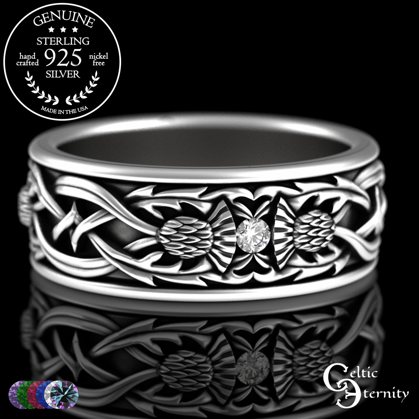 Sterling Men's Scottish Thistle & Claddagh Wedding Band with Emeralds, 3282