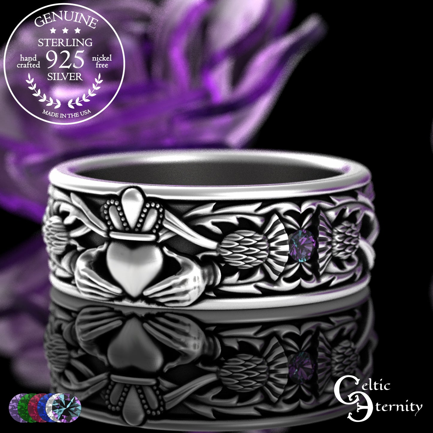 Sterling Men's Scottish Thistle & Claddagh Wedding Band with Emeralds, 3282