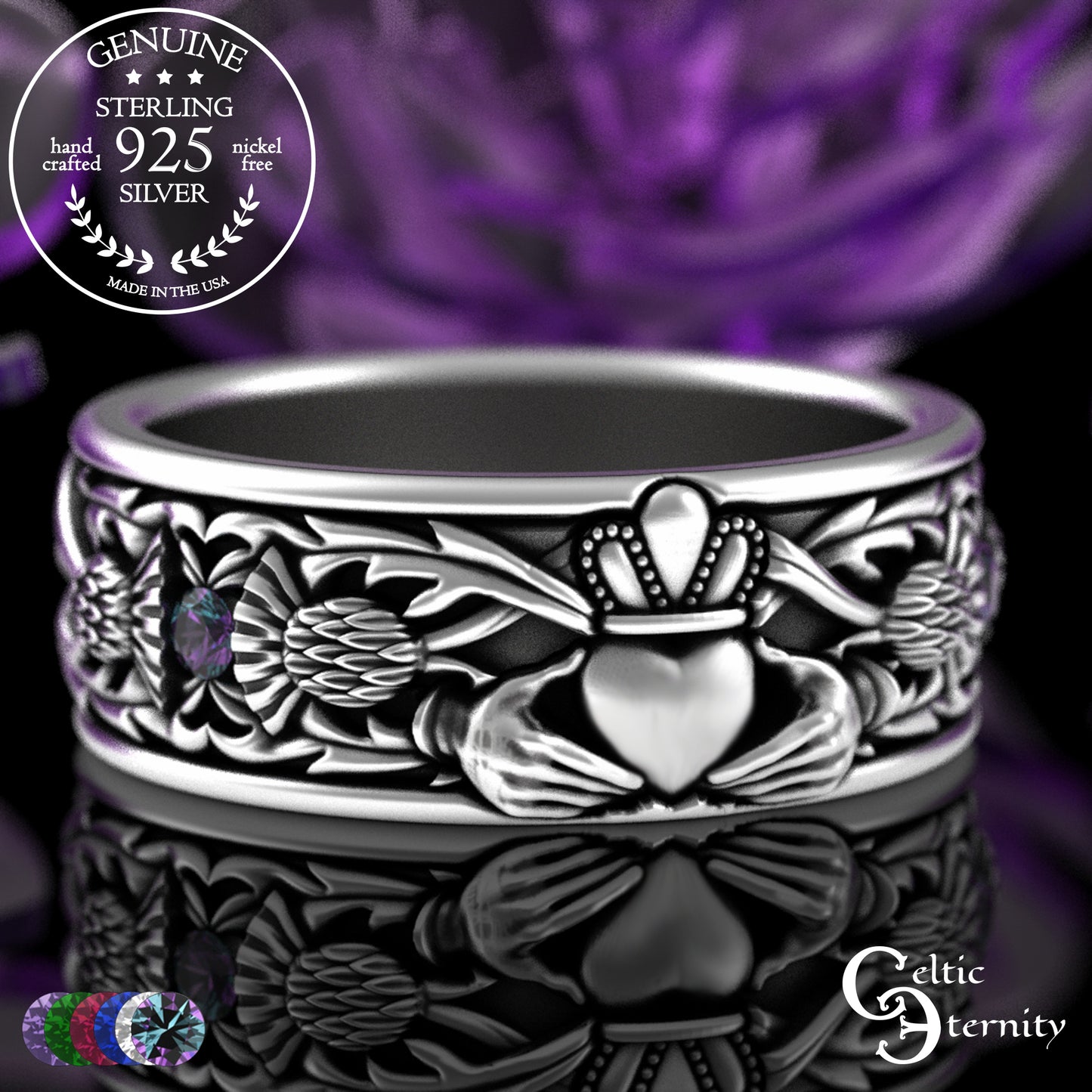 Sterling Men's Scottish Thistle & Claddagh Wedding Band with Emeralds, 3282