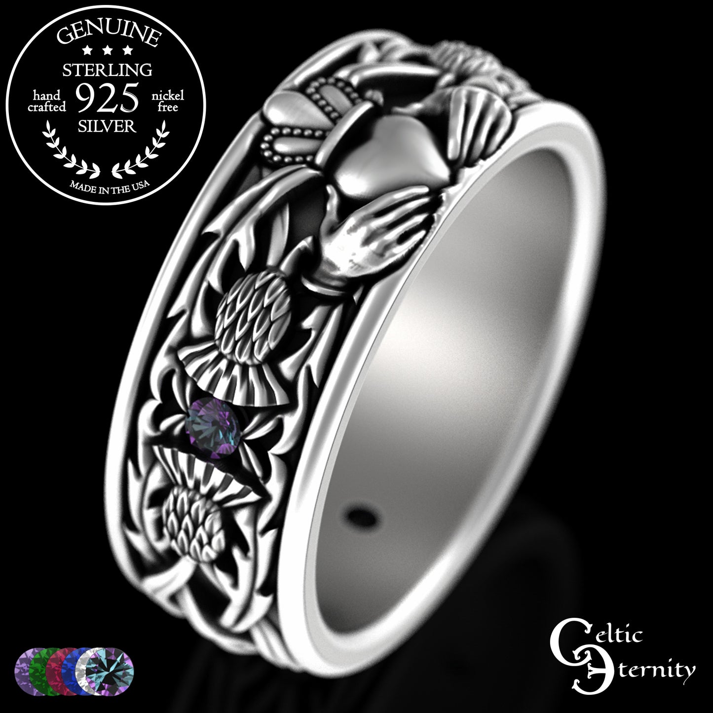 Sterling Men's Scottish Thistle & Claddagh Wedding Band with Emeralds, 3282