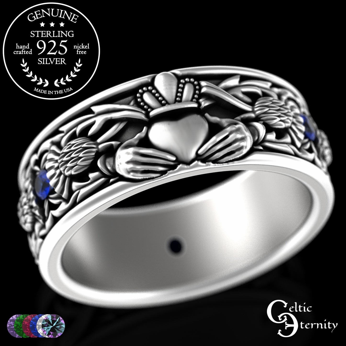 Sterling Men's Scottish Thistle & Claddagh Wedding Band with Emeralds, 3282