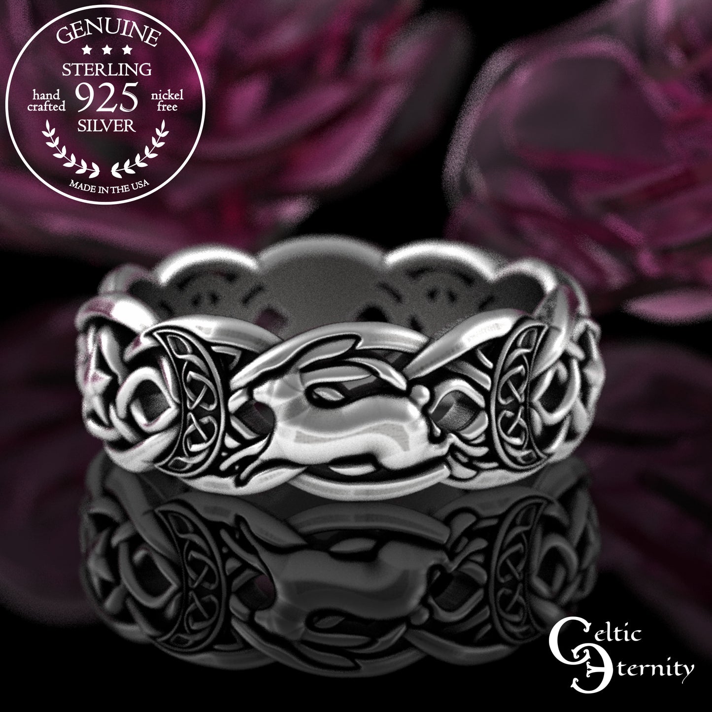 Sterling Celestial Rabbit Celtic Knotwork Ring - Magic Crescent Moons & Stars, 3284