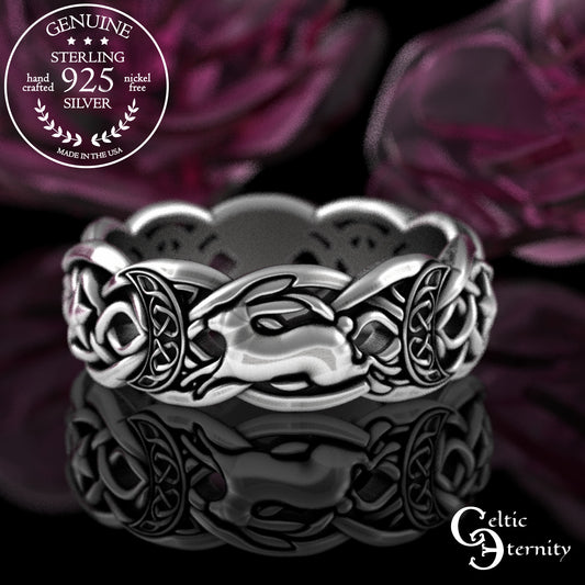 Sterling Celestial Rabbit Celtic Knotwork Ring - Magic Crescent Moons & Stars, 3284