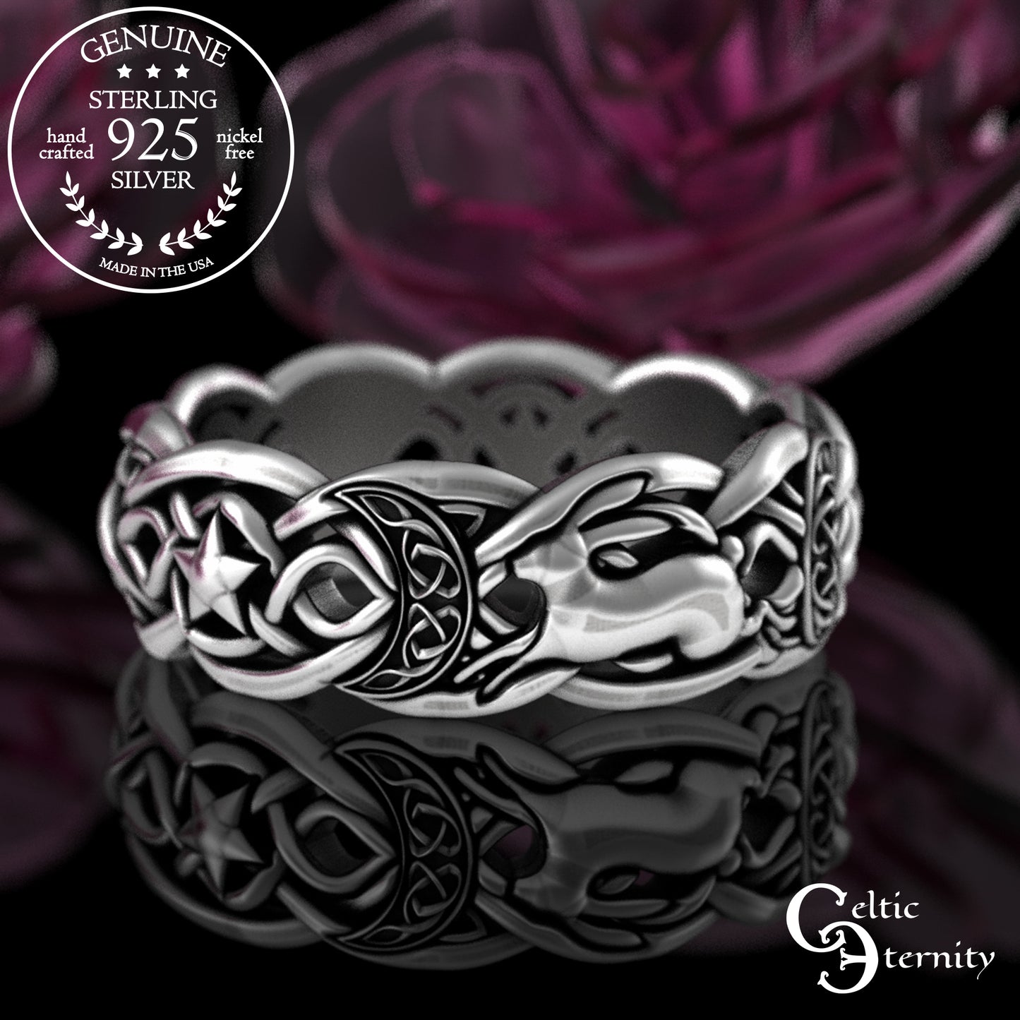 Sterling Celestial Rabbit Celtic Knotwork Ring - Magic Crescent Moons & Stars, 3284