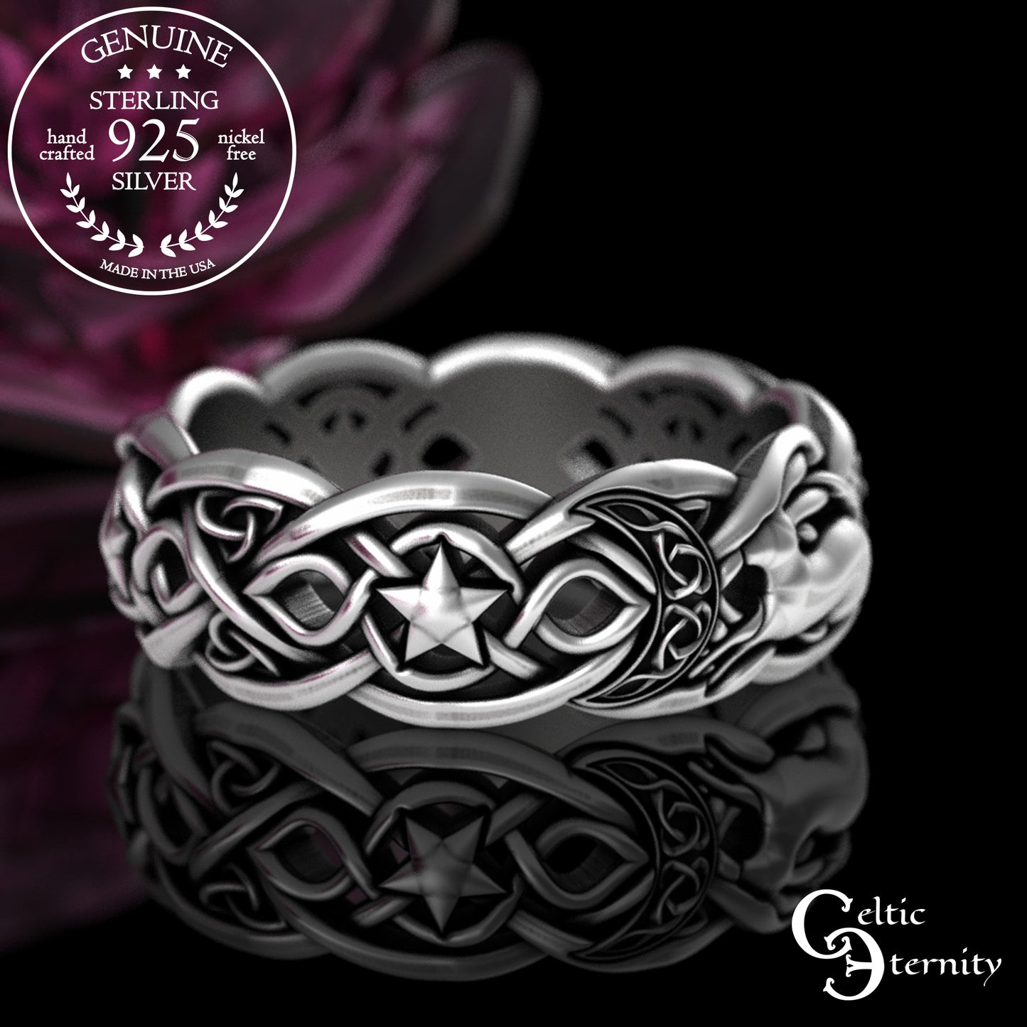 Sterling Celestial Rabbit Celtic Knotwork Ring - Magic Crescent Moons & Stars, 3284