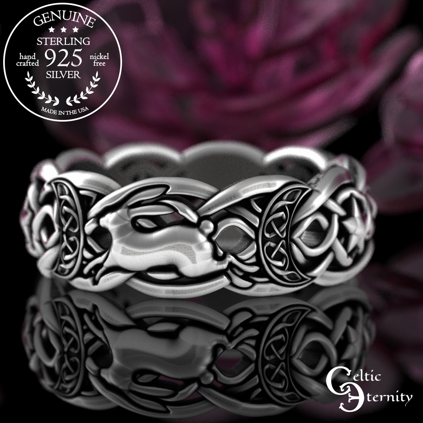 Sterling Celestial Rabbit Celtic Knotwork Ring - Magic Crescent Moons & Stars, 3284